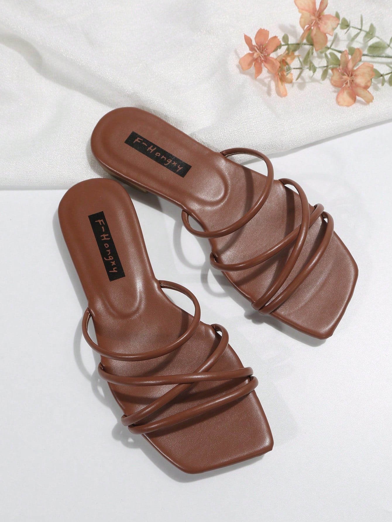 Elegant Slide Sandals For Women, Brown Multi Strap Flat Sandals