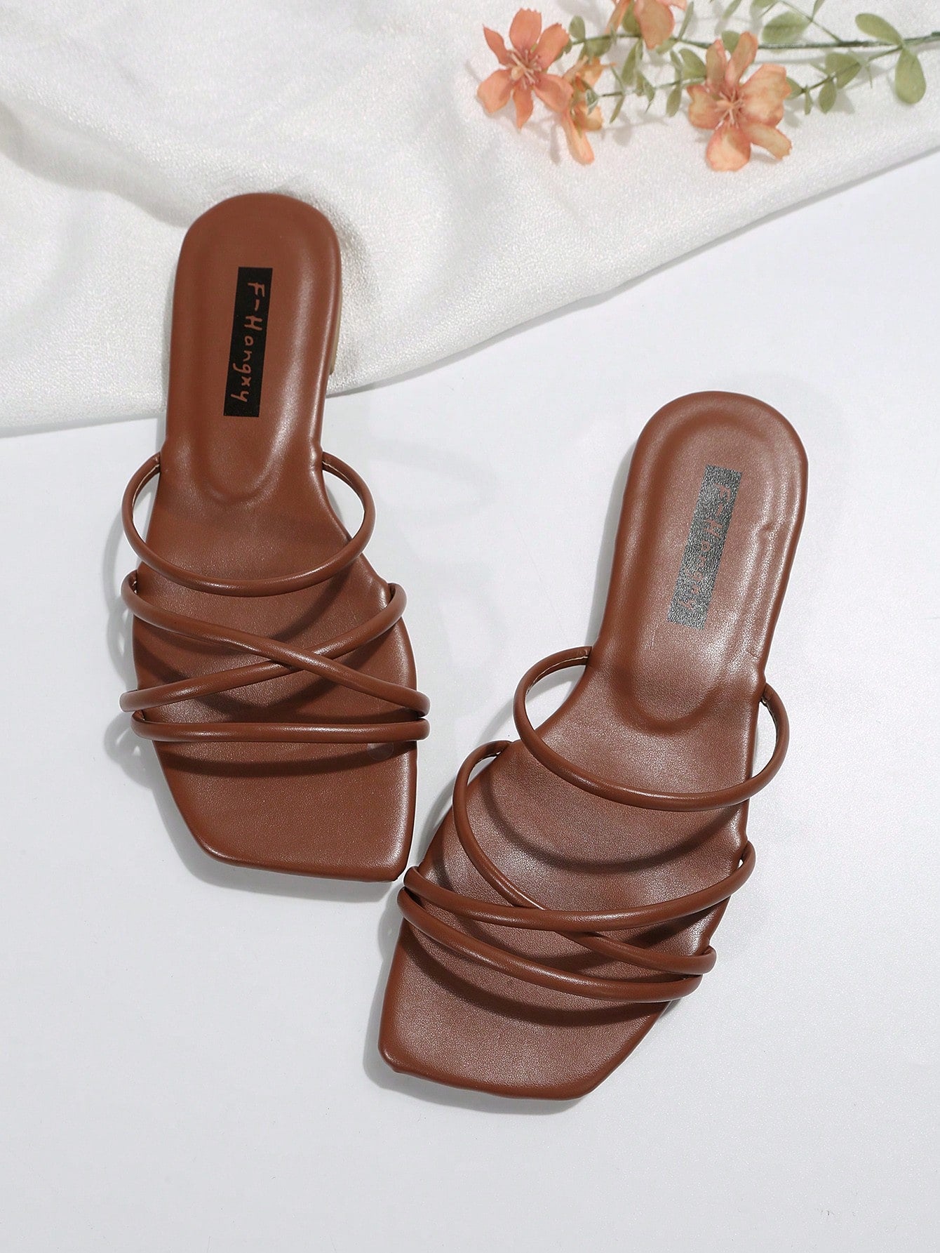 Elegant Slide Sandals For Women, Brown Multi Strap Flat Sandals