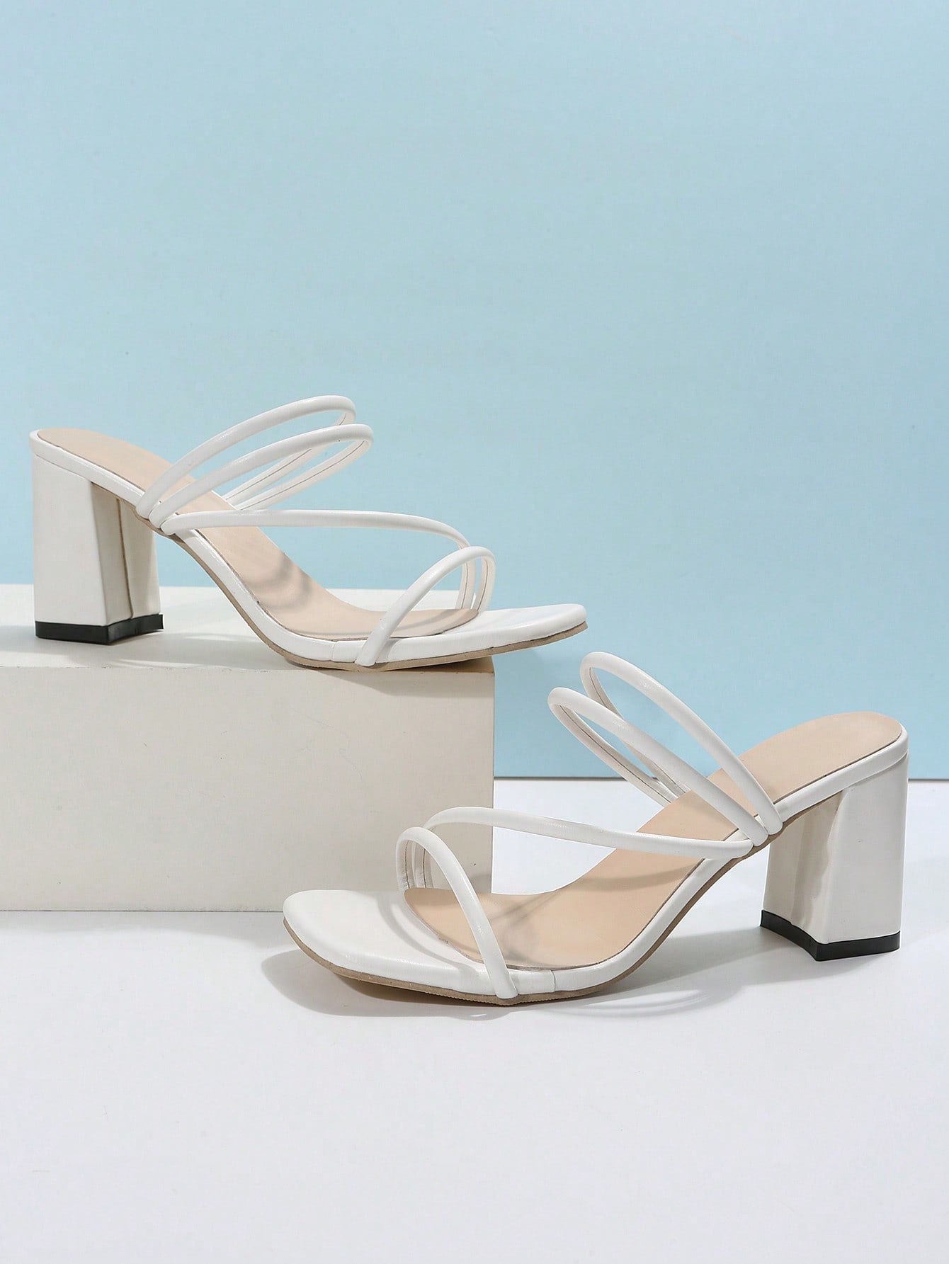 Women Thin Strap Chunky Heeled Mule Sandals, Elegant Summer Heeled Sandals