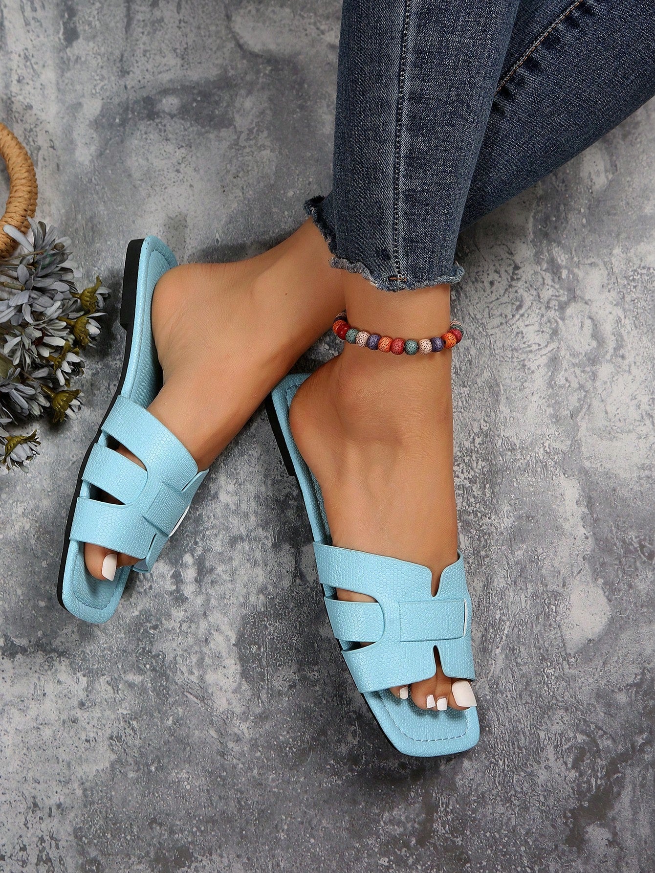 Elegant Black Sandals For Women, Snakeskin Embossed Slide Sandals