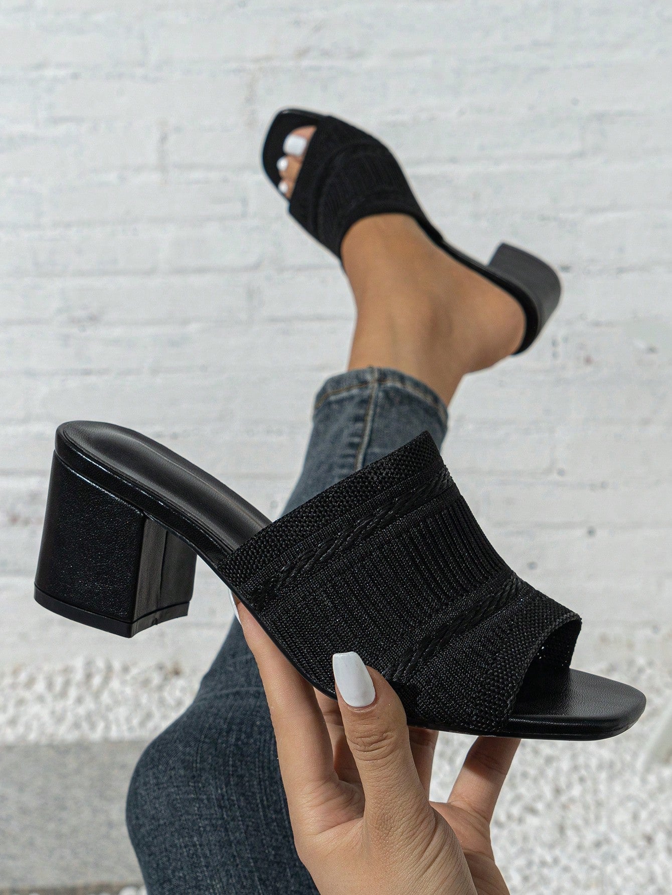 Women Minimalist Mule Sandals, Fabric Chunky Heeled Elegant Sandals