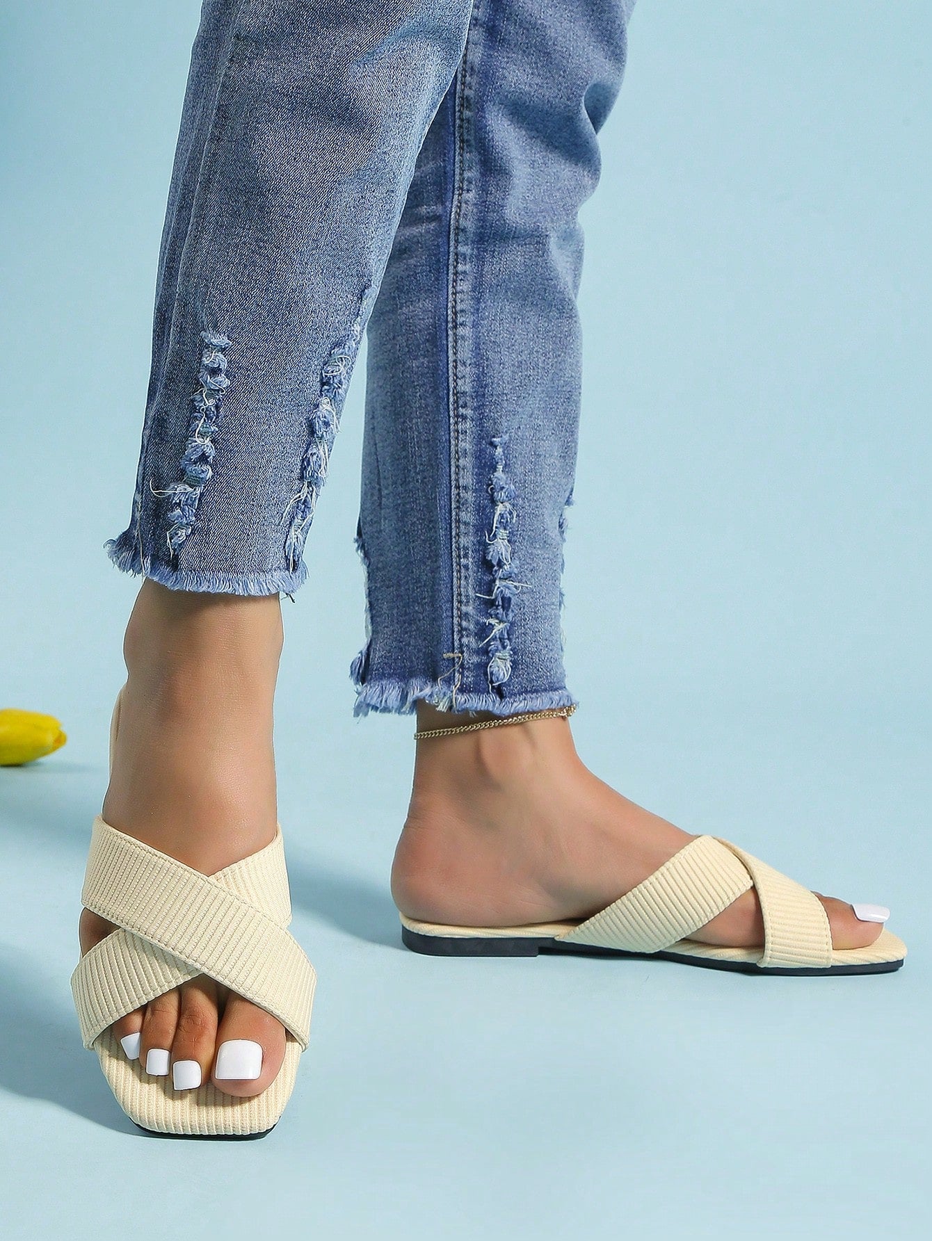 Elegant Beige Sandals For Women, Minimalist Single Band Slide Sandals