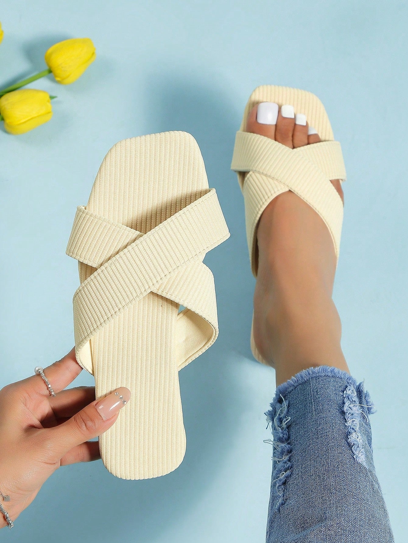 Elegant Beige Sandals For Women, Minimalist Single Band Slide Sandals