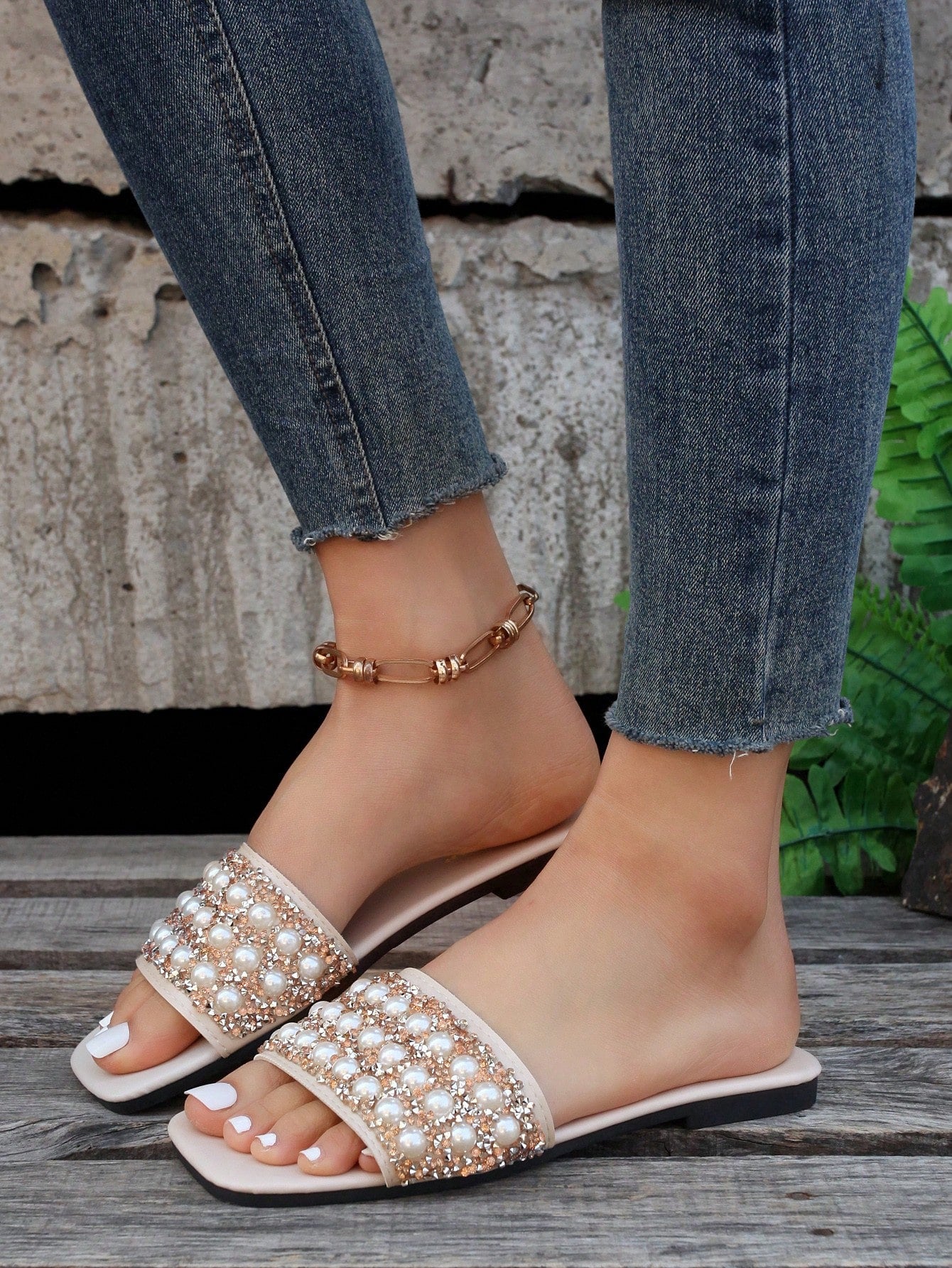 Women Rhinestone & Faux Pearl Decor Slide Sandals, Glamorous Sandals