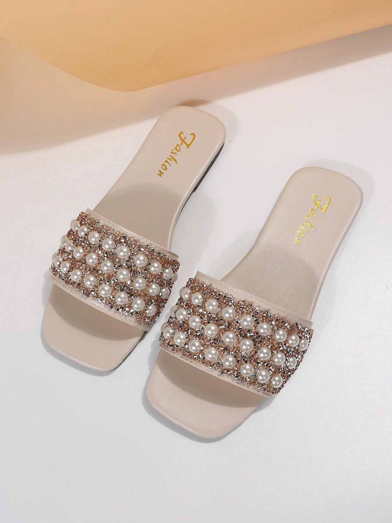 Women Rhinestone & Faux Pearl Decor Slide Sandals, Glamorous Sandals