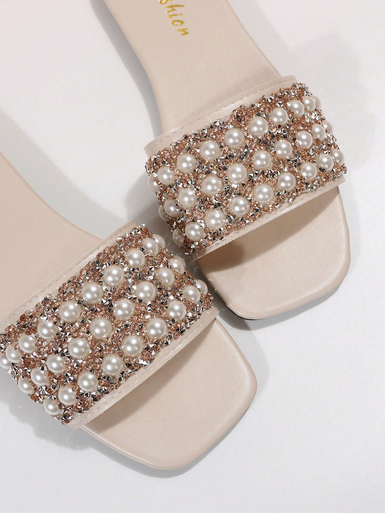 Women Rhinestone & Faux Pearl Decor Slide Sandals, Glamorous Sandals