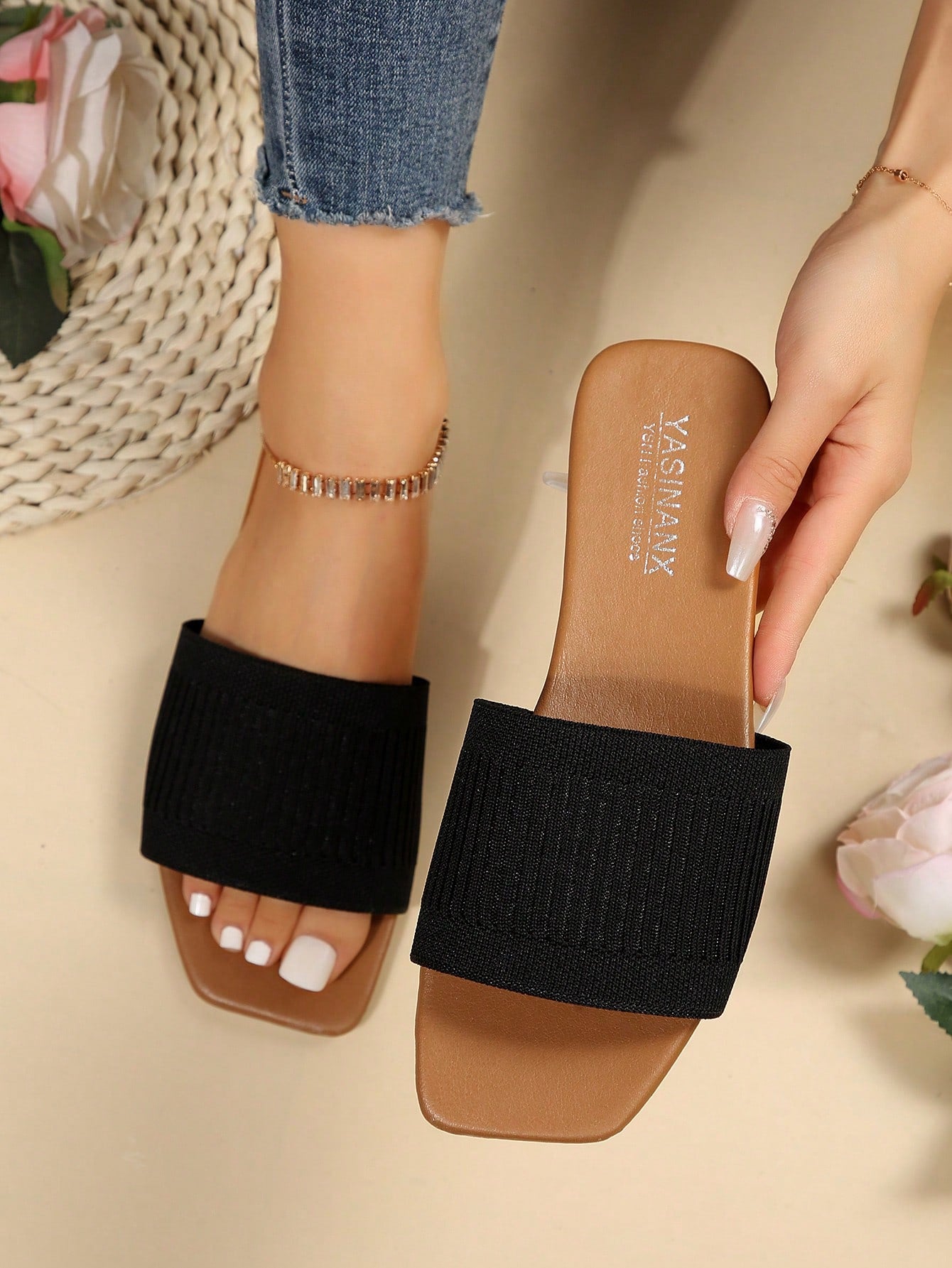 Elegant Slide Sandals For Women, Knit Detail Single Band Flat Sandals