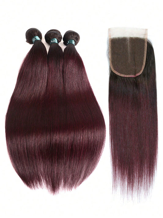 4pcs 1B 99J Straight Bundle With Closure Human Hair Ombre 99JA Colored Hair