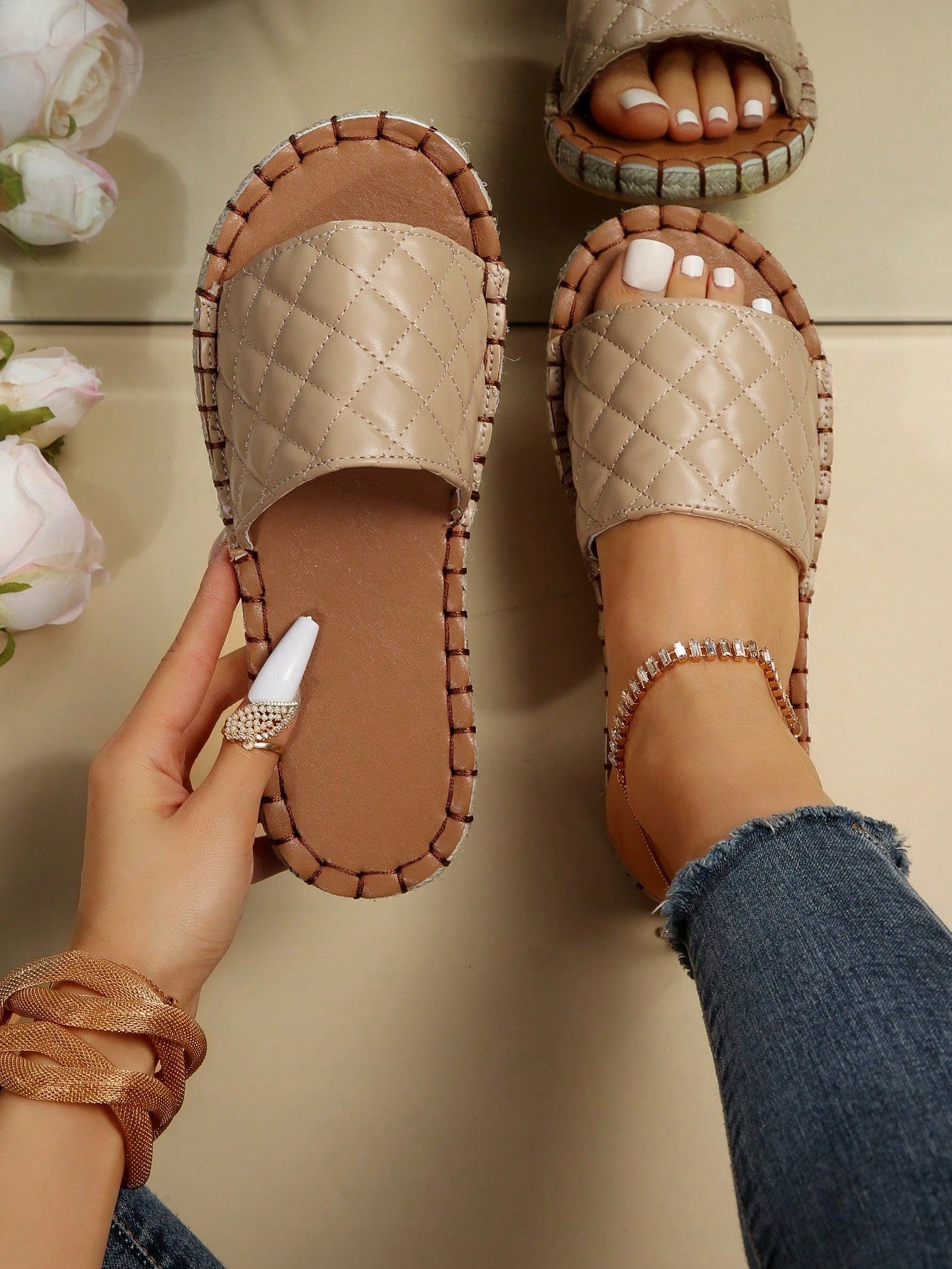 Women Quilted Pattern Espadrille Slide Sandals, Vacation Summer Flat Sandals