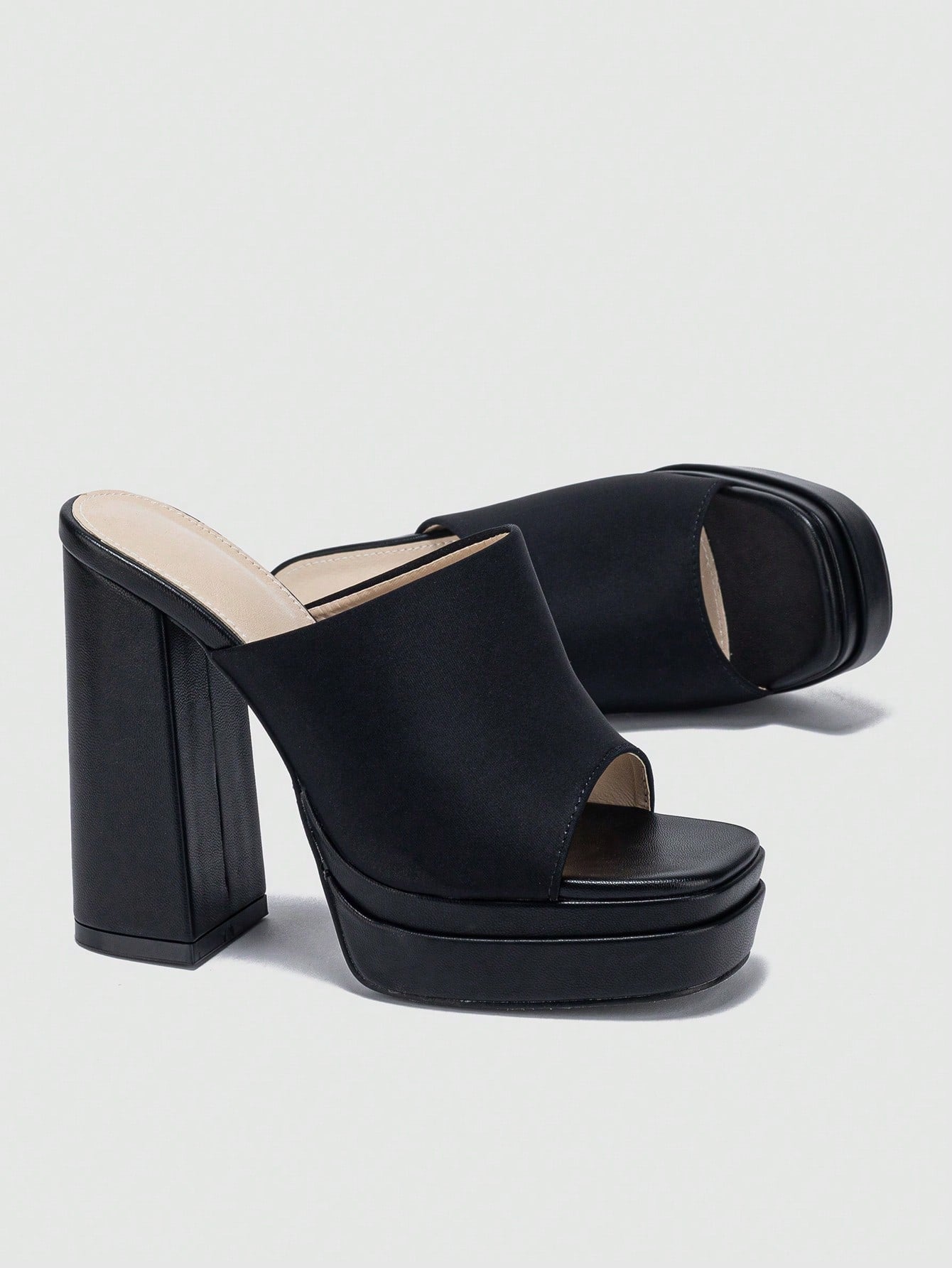 Women Minimalist Mule Sandals, Lycra Platform Chunky Heeled Elegant Sandals