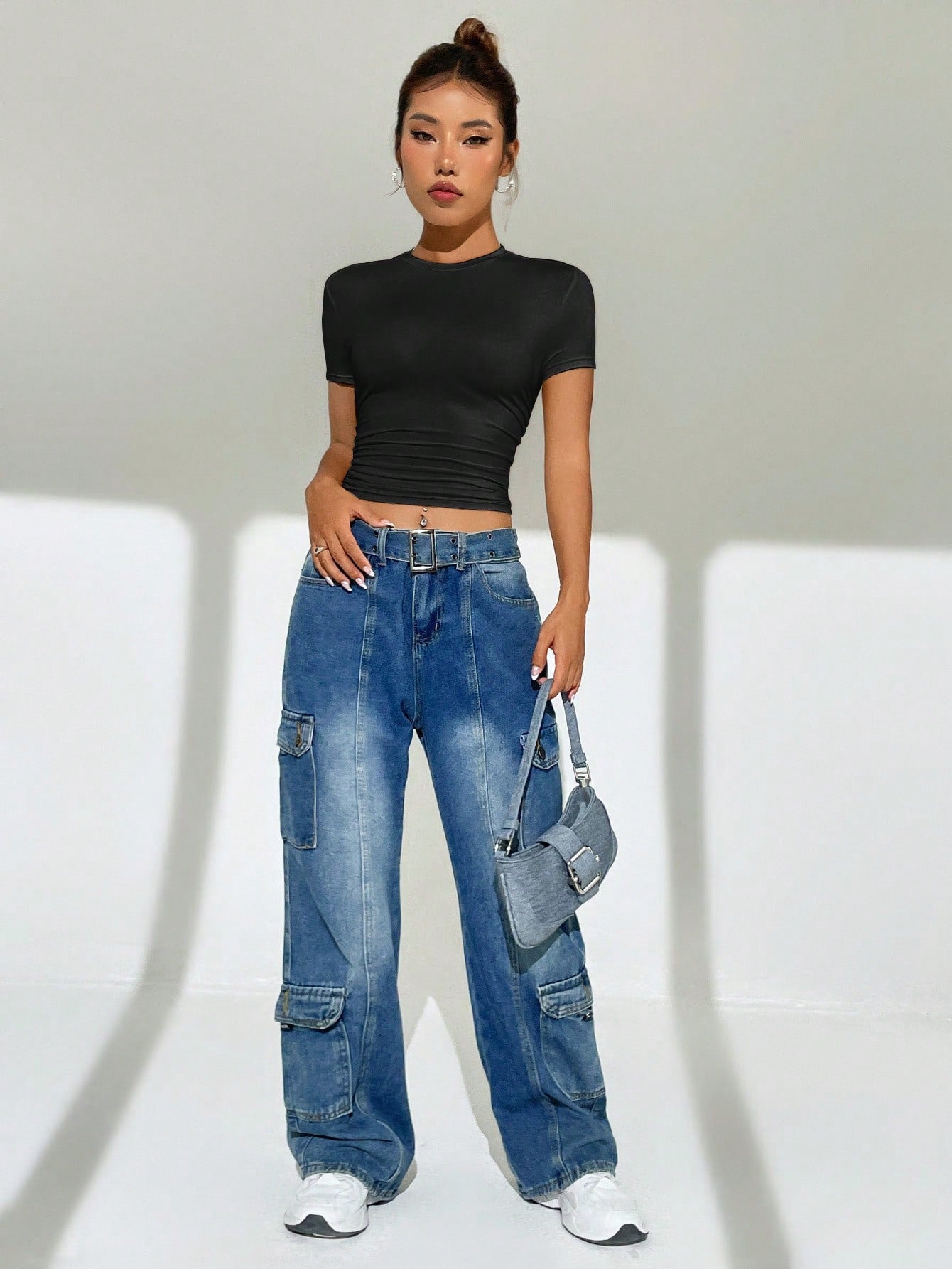EZwear Solid Ruched Side Crop Tee