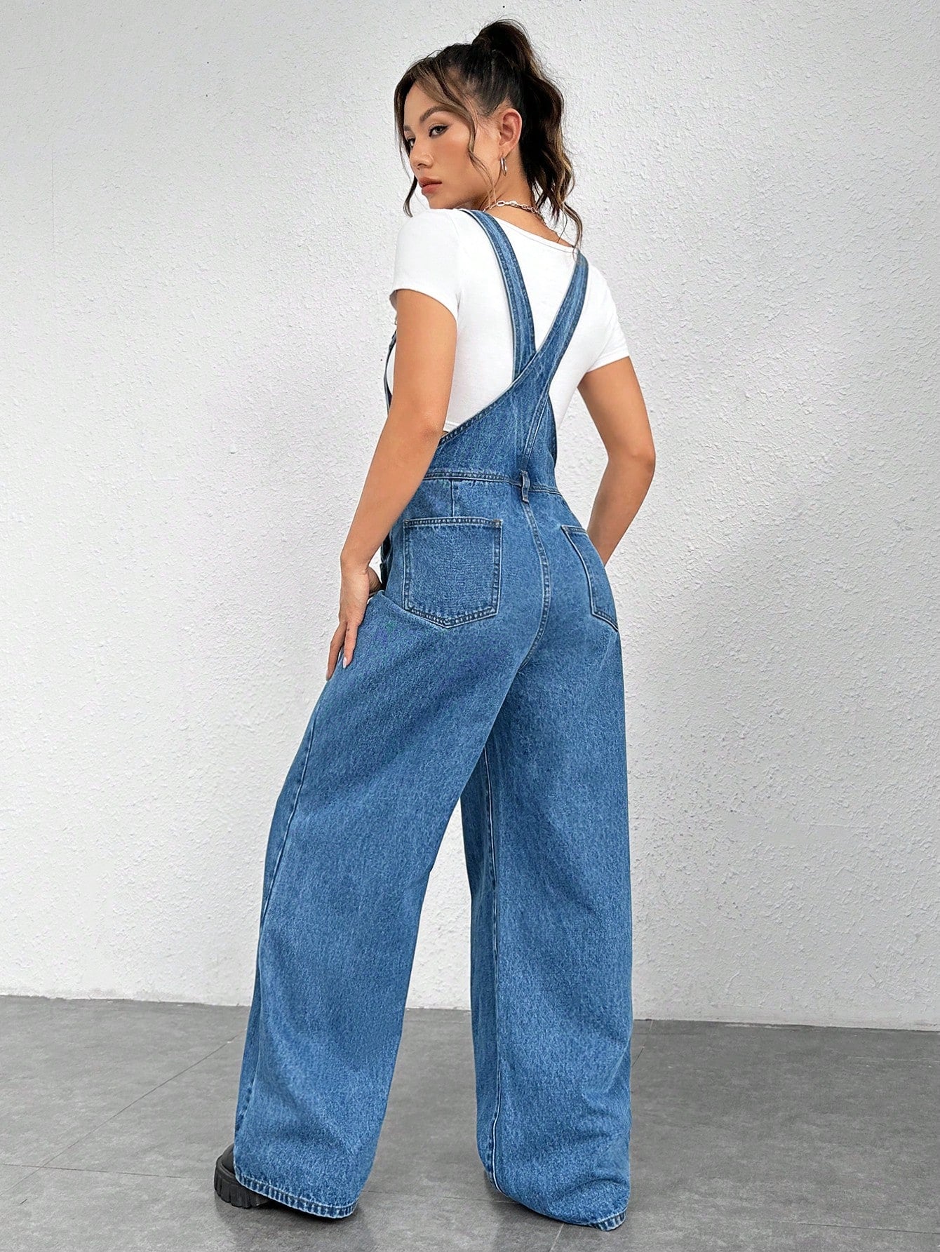 EZwear Letter Patched Detail Denim Overalls Without Tee
