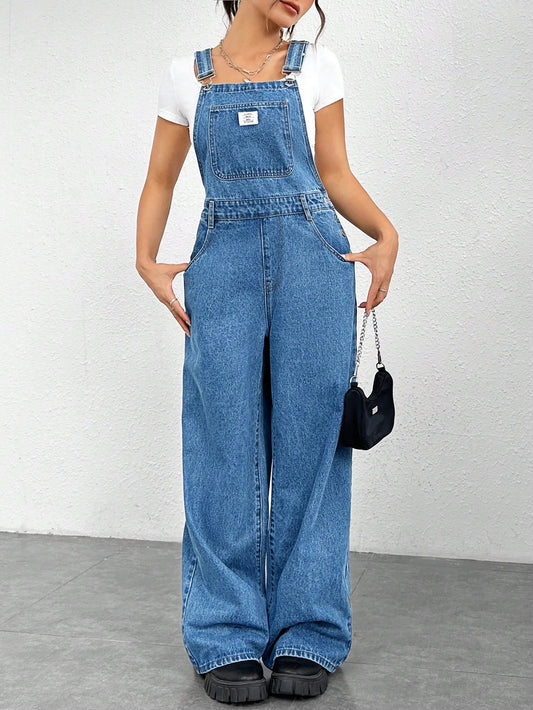 EZwear Letter Patched Detail Denim Overalls Without Tee