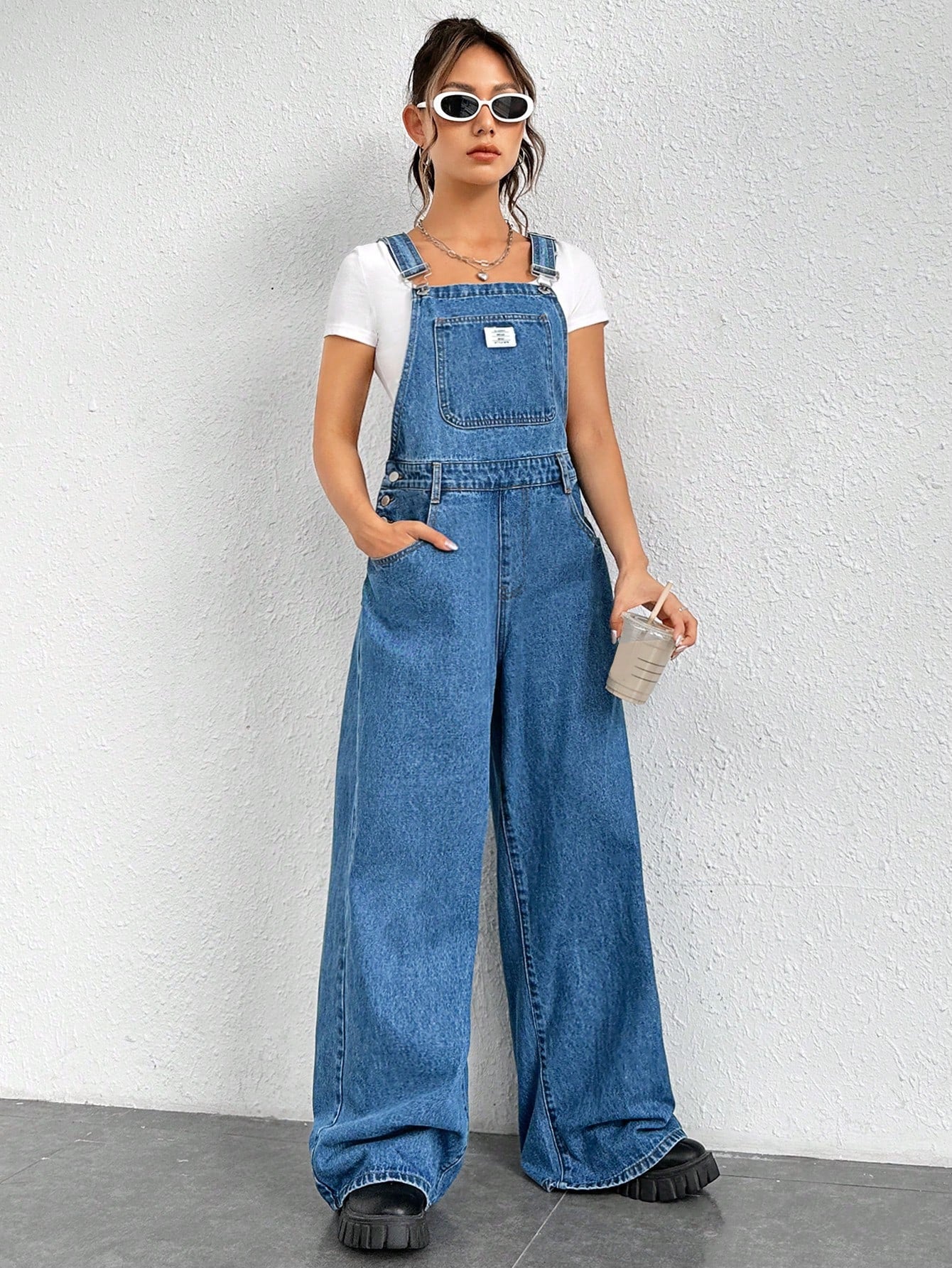 EZwear Letter Patched Detail Denim Overalls Without Tee