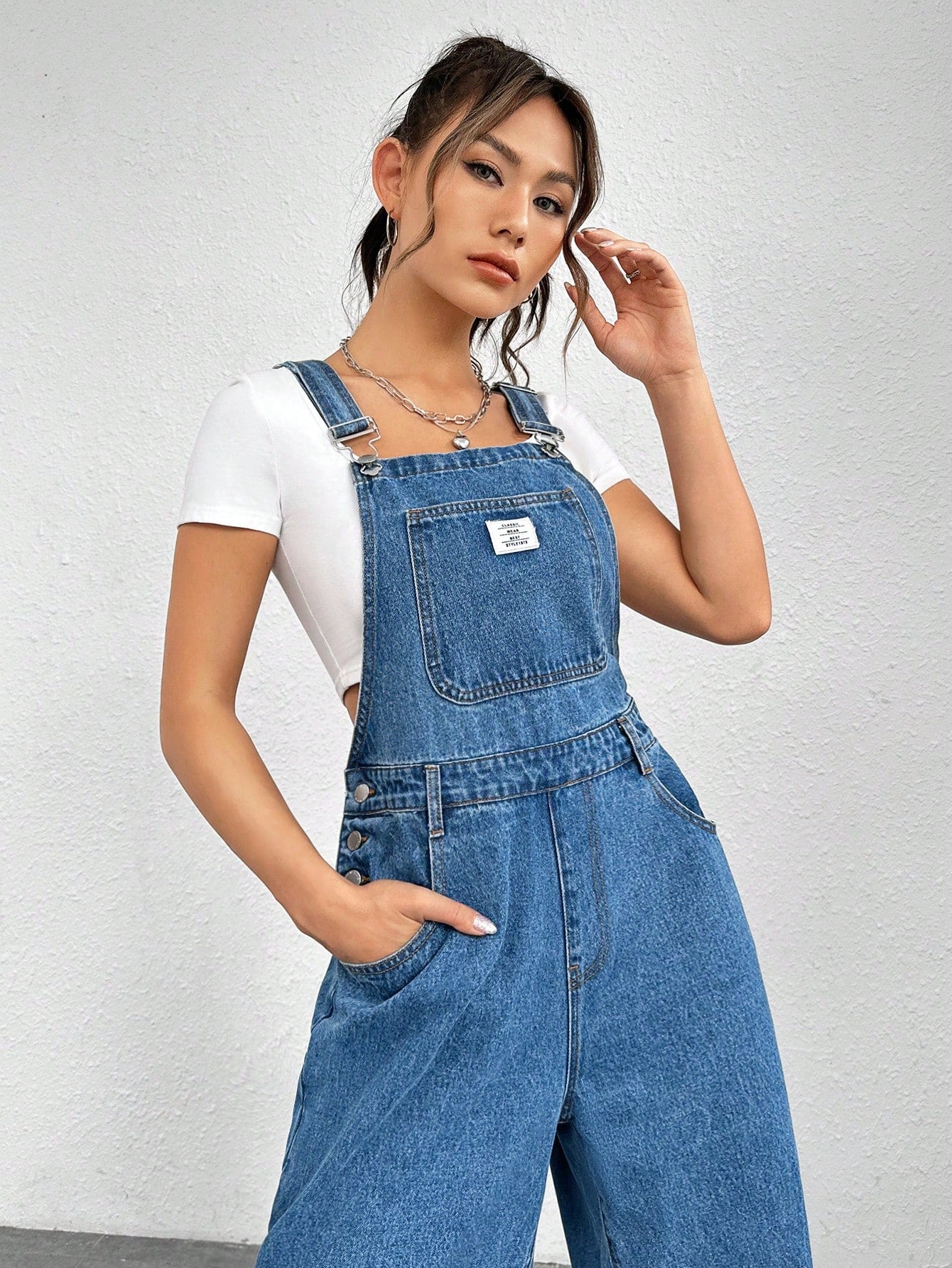 EZwear Letter Patched Detail Denim Overalls Without Tee