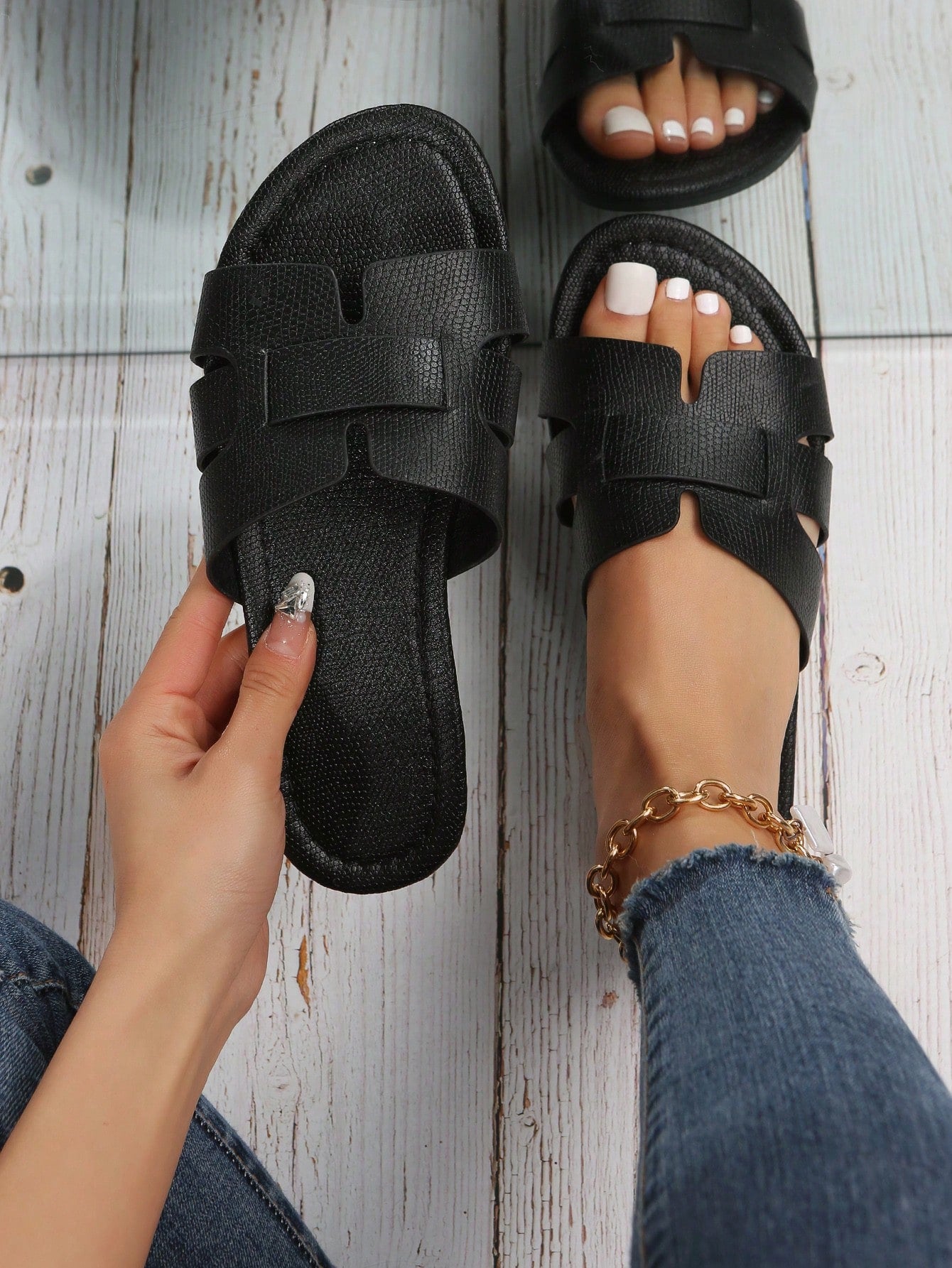 Elegant Black Sandals For Women, Snakeskin Embossed Slide Sandals