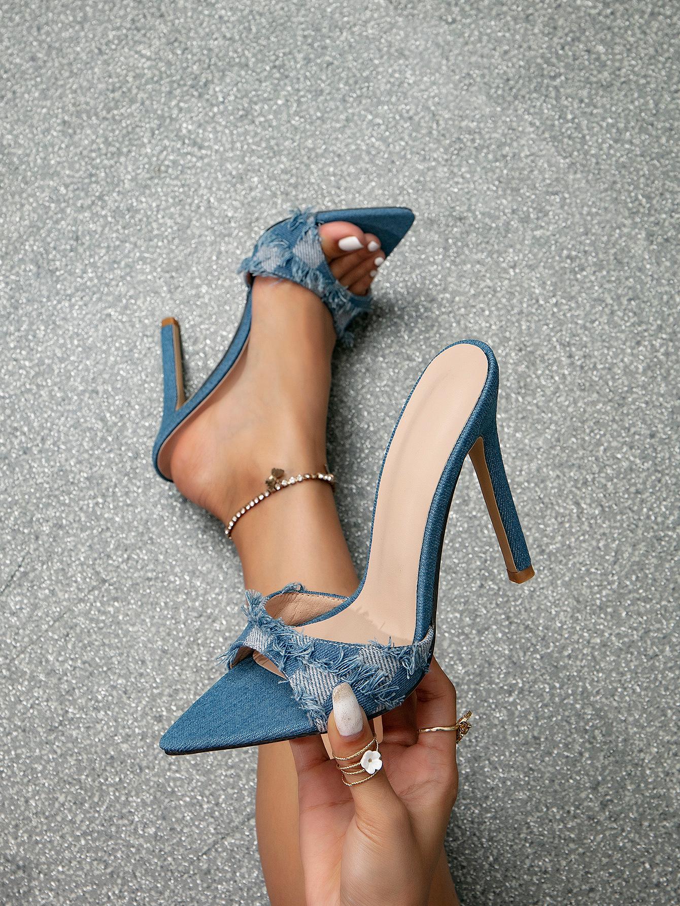 Women Checkered Pattern Raw Trim Stiletto Heeled Sandals, Fashionable Denim Mule Sandals For Summer