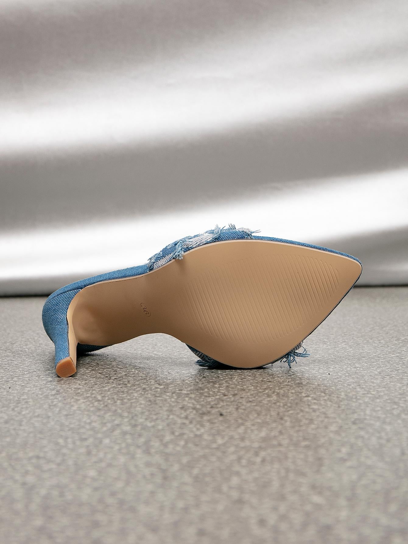 Women Checkered Pattern Raw Trim Stiletto Heeled Sandals, Fashionable Denim Mule Sandals For Summer