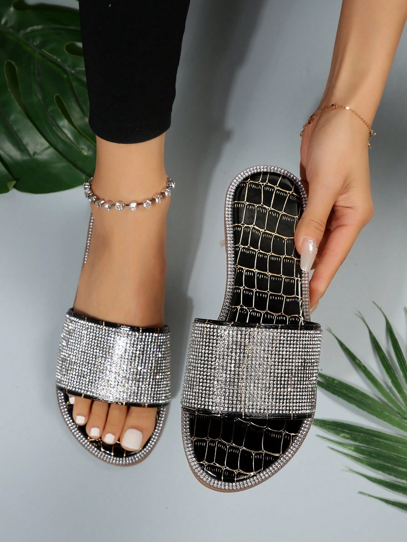 Women Black Allover Rhinestone Slide Sandals