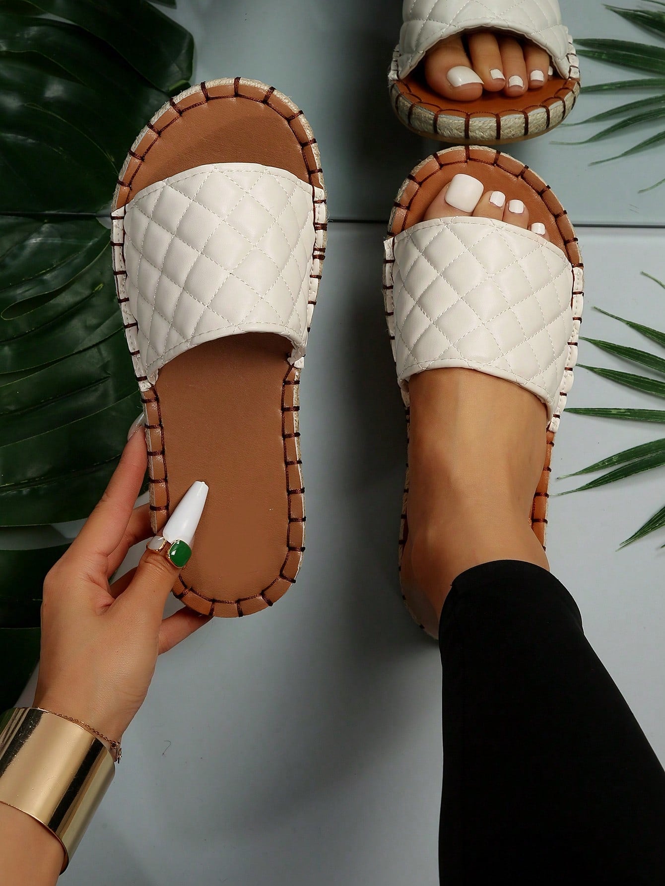 Women Quilted Pattern Espadrille Slide Sandals, Vacation Summer Flat Sandals