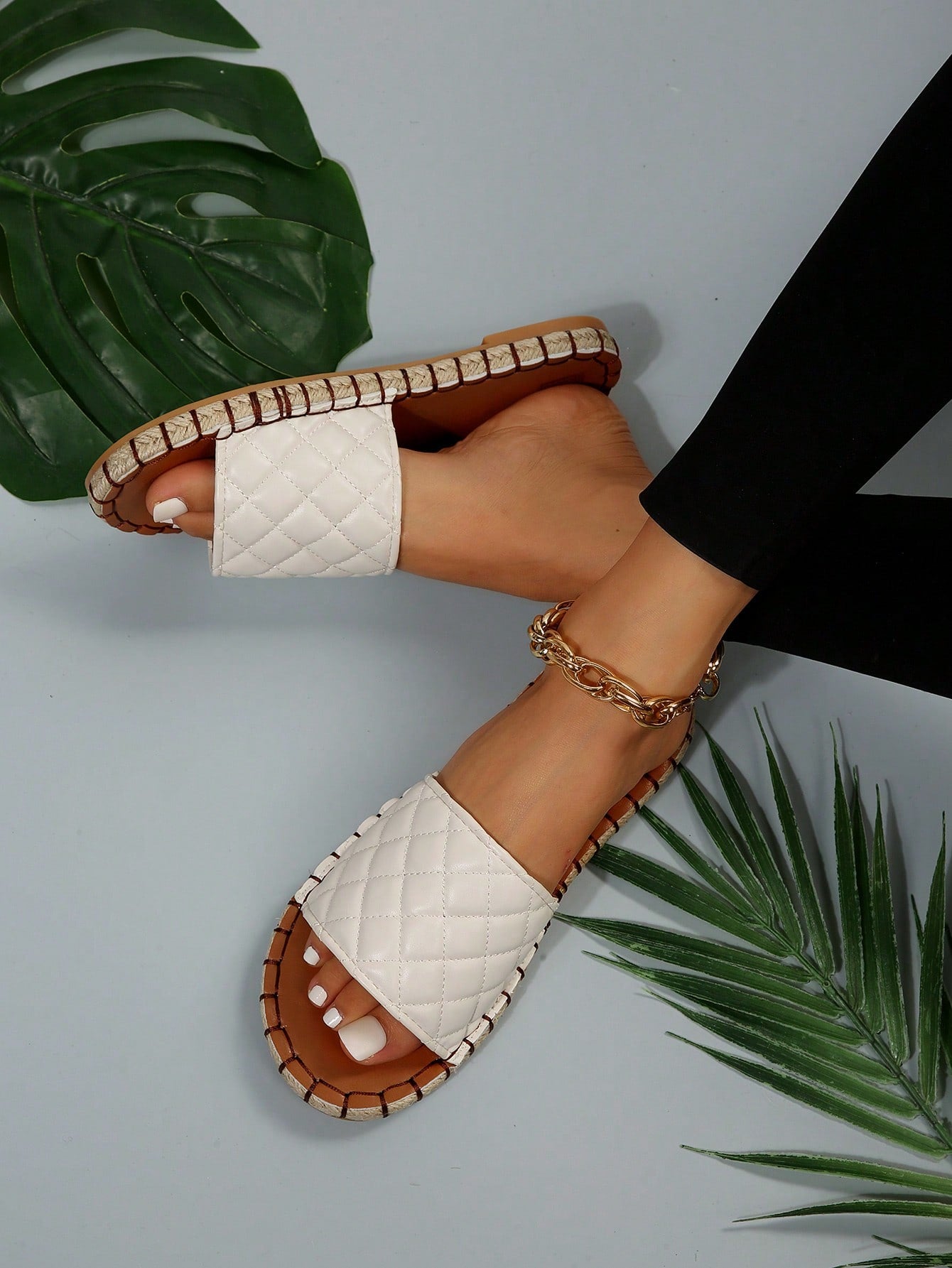 Women Quilted Pattern Espadrille Slide Sandals, Vacation Summer Flat Sandals