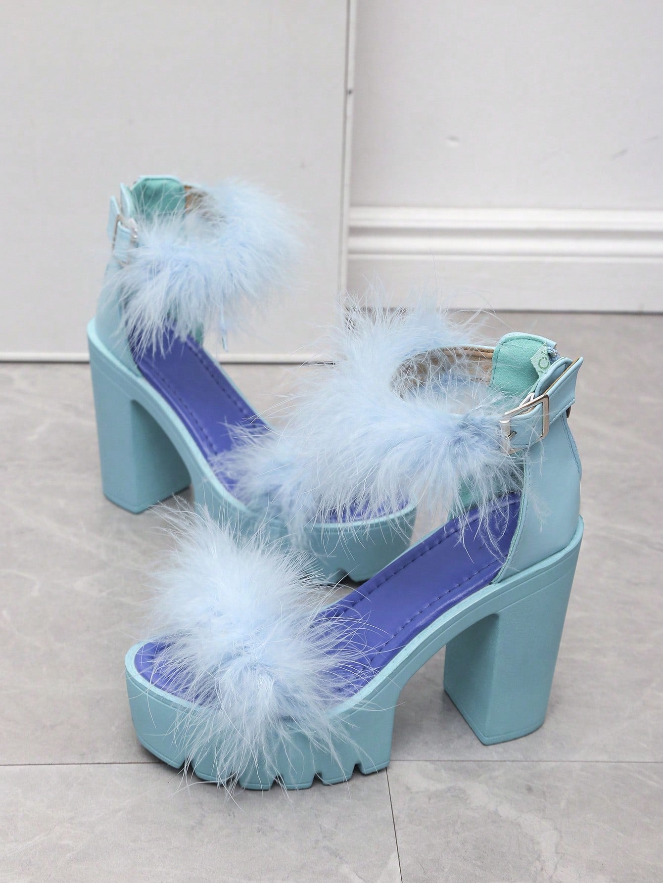 Women Fuzzy Decor Platform Chunky Heeled Sandals, Glamorous Outdoor Ankle Strap Sandals