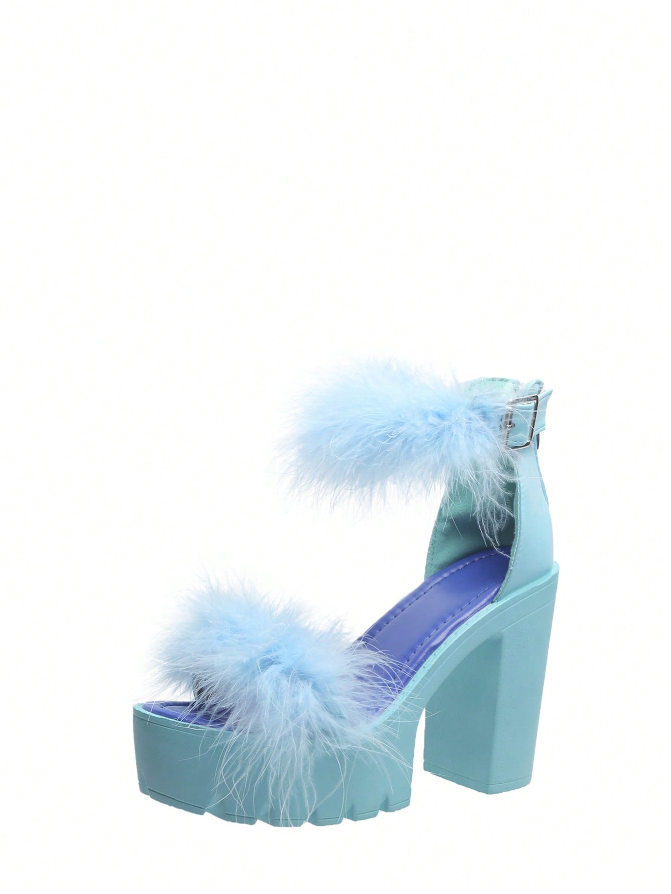 Women Fuzzy Decor Platform Chunky Heeled Sandals, Glamorous Outdoor Ankle Strap Sandals