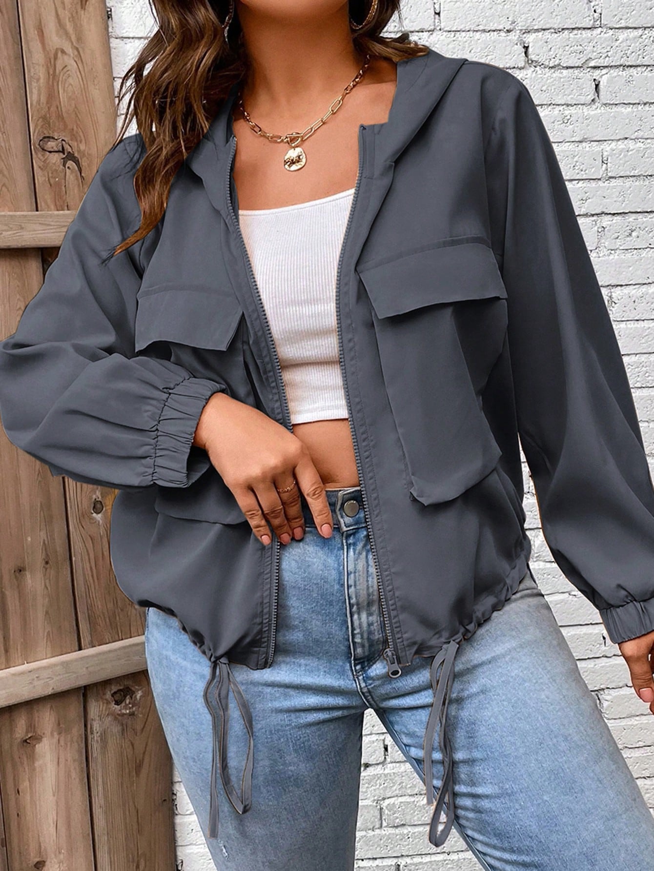 LUNE Plus Flap Pocket Drawstring Hem Hooded Jacket