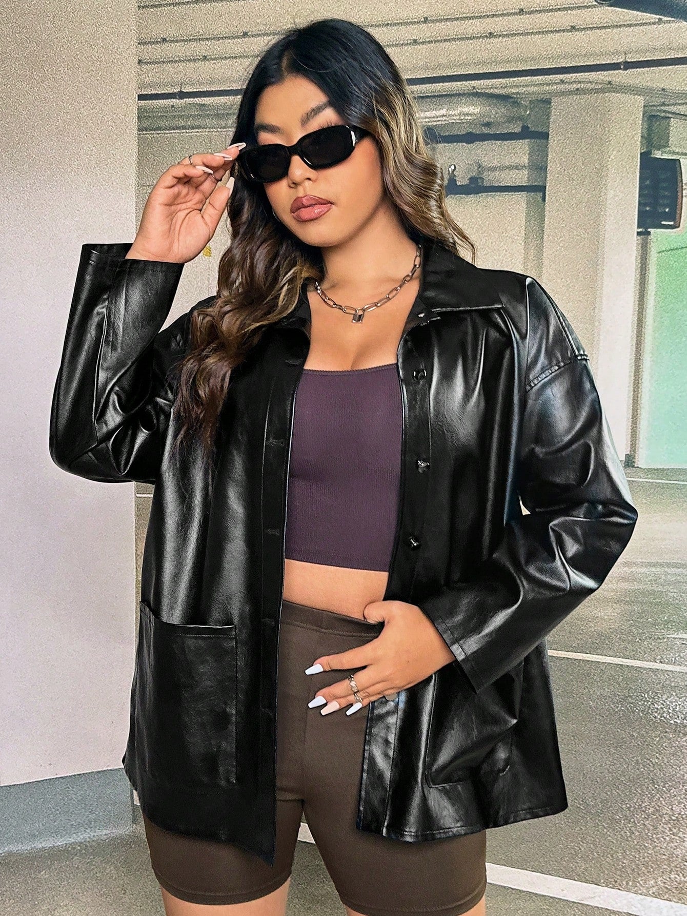 Coolane Plus Drop Shoulder PU Leather Coat Without Cami Top