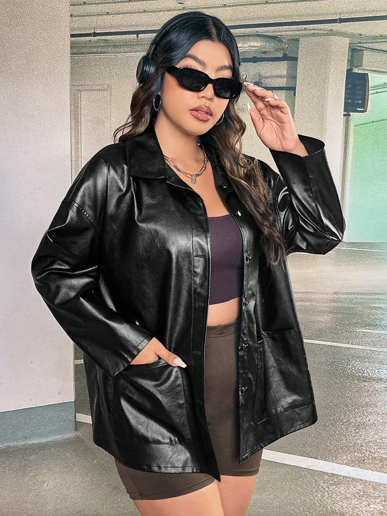 Coolane Plus Drop Shoulder PU Leather Coat Without Cami Top