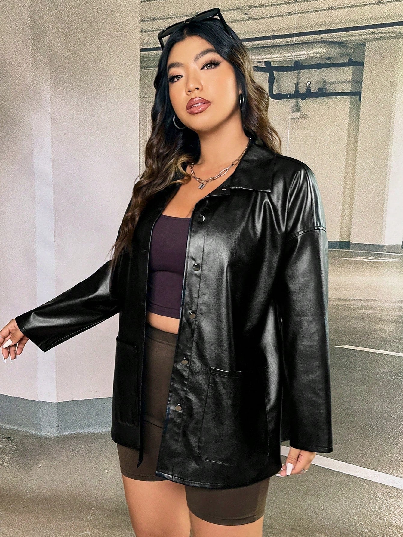 Coolane Plus Drop Shoulder PU Leather Coat Without Cami Top