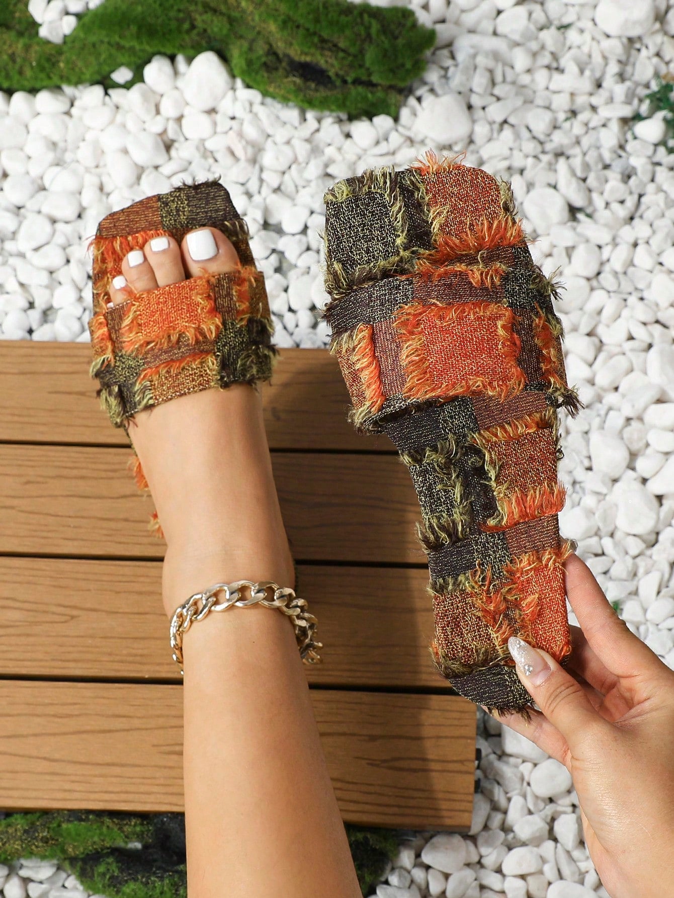 Women's Denim Flat Square Toe Slide Sandals