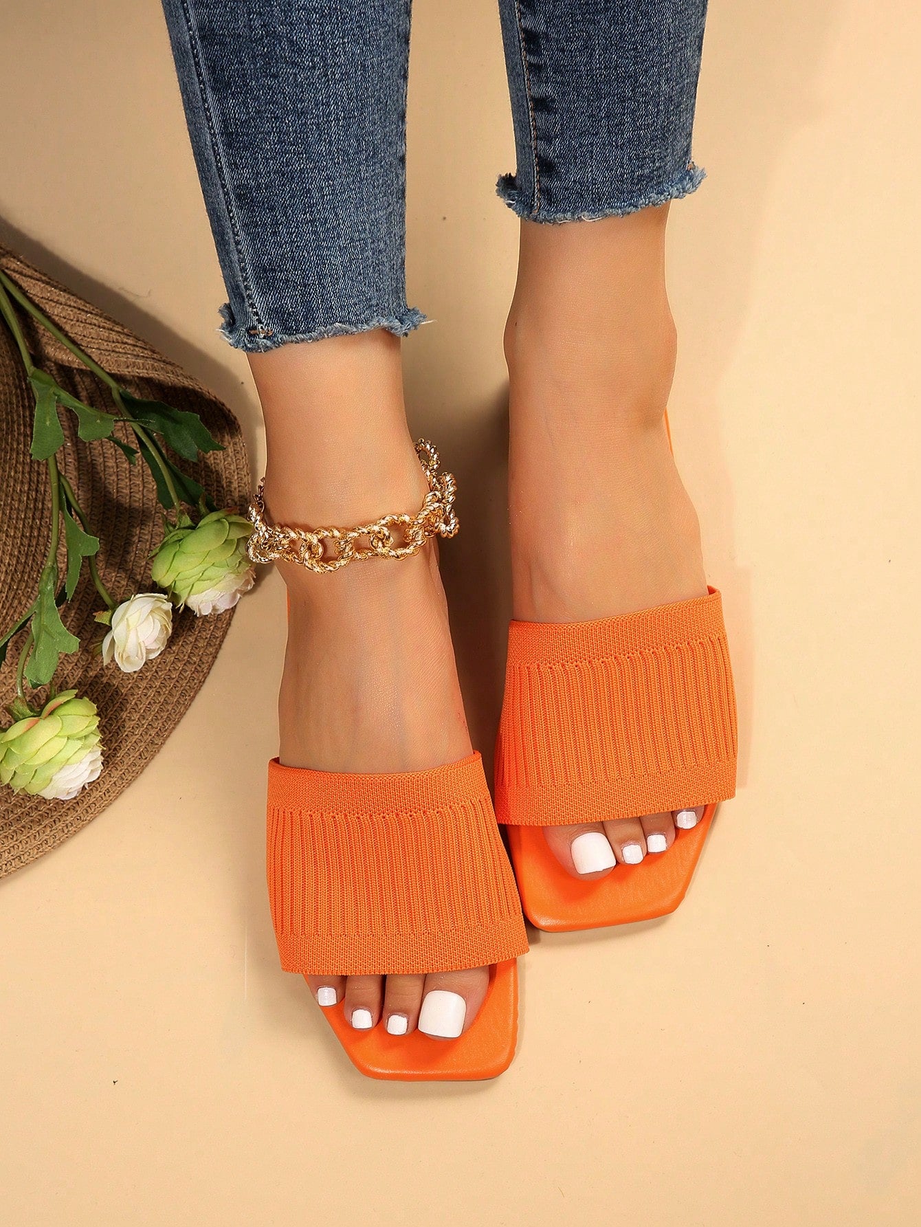 Elegant Slide Sandals For Women, Knit Detail Single Band Flat Sandals