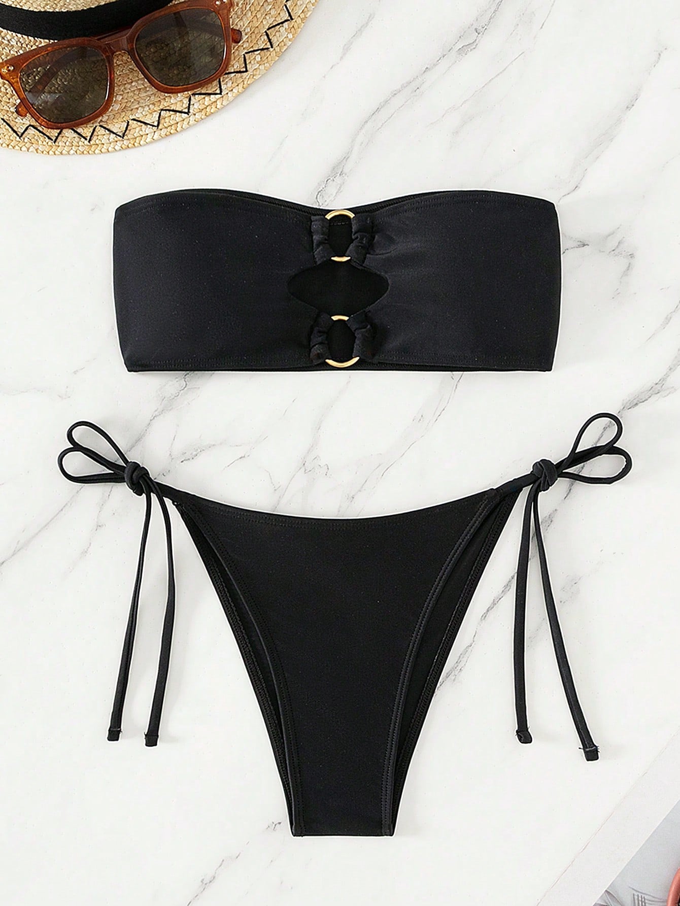 Swim SXY Ring Linked Bandeau Tie Side Bikini Swimsuit