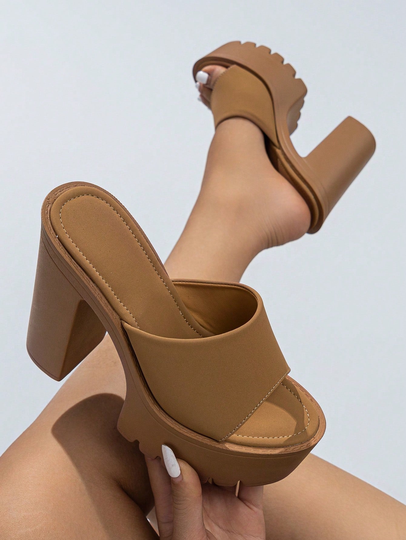 Elegant Khaki Sandals For Women, Minimalist Platform Chunky Heeled Mule Sandals