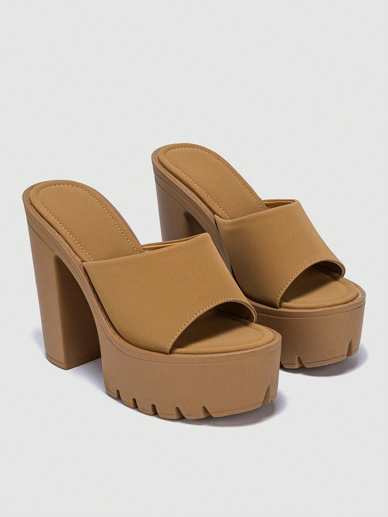 Elegant Khaki Sandals For Women, Minimalist Platform Chunky Heeled Mule Sandals