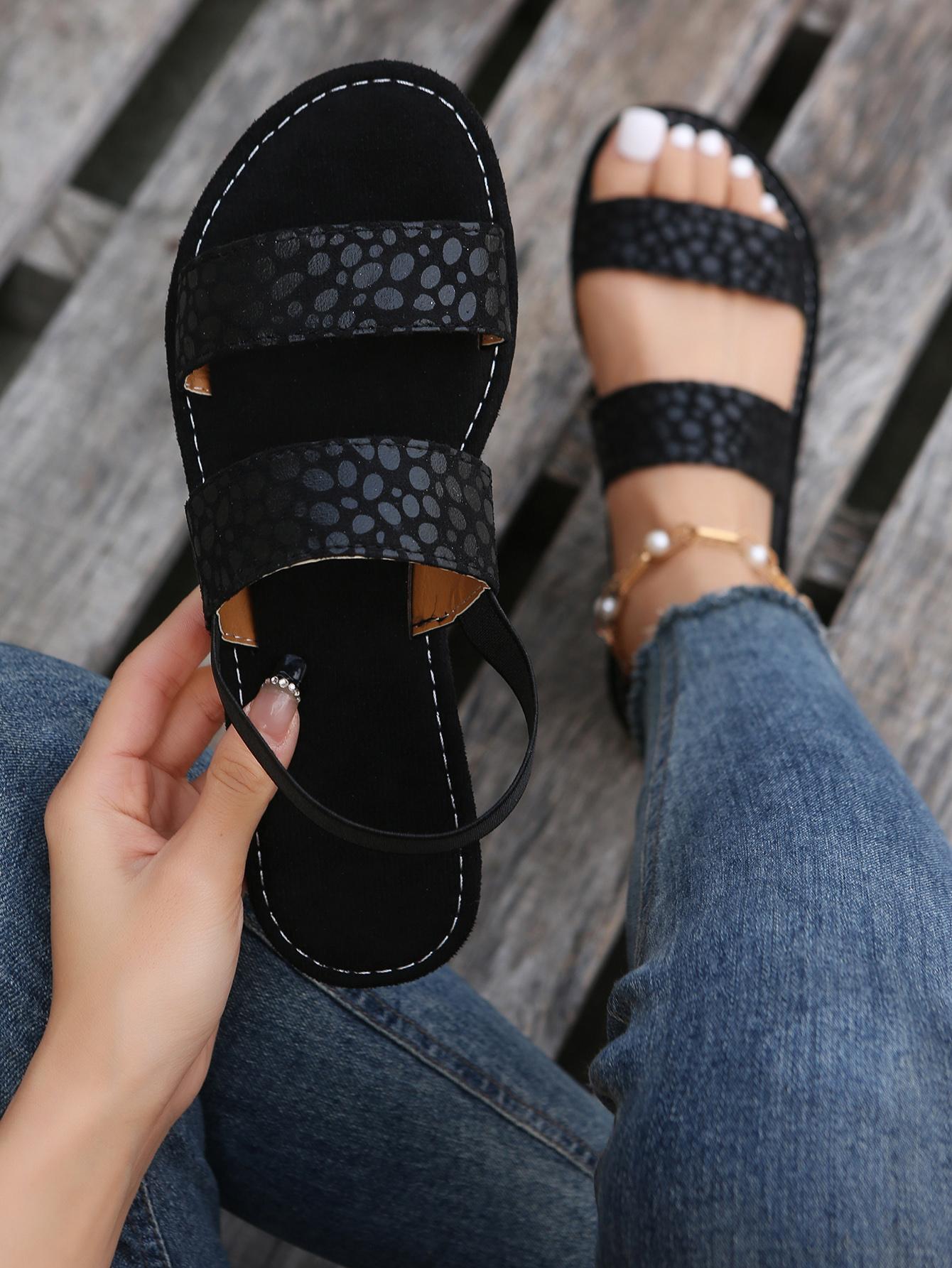 Women Double Strap Flat Sandals, Elegant Black Fabric Slingback Sandals