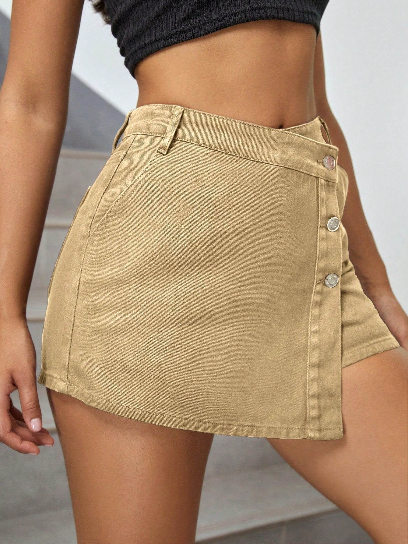 High Waist Button Front Denim Skort