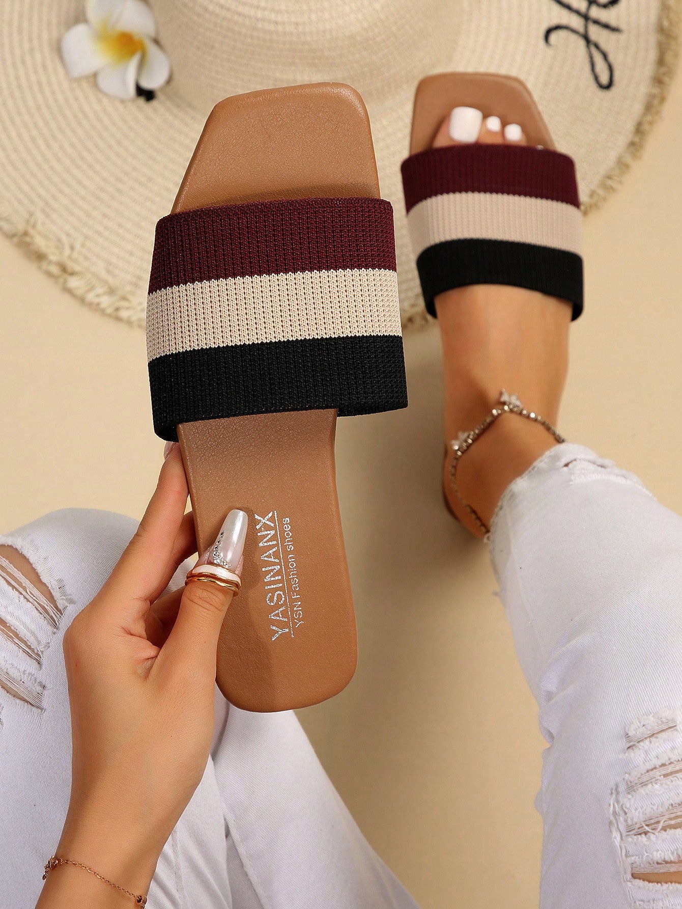 Elegant Slide Sandals For Women, Knit Detail Single Band Flat Sandals