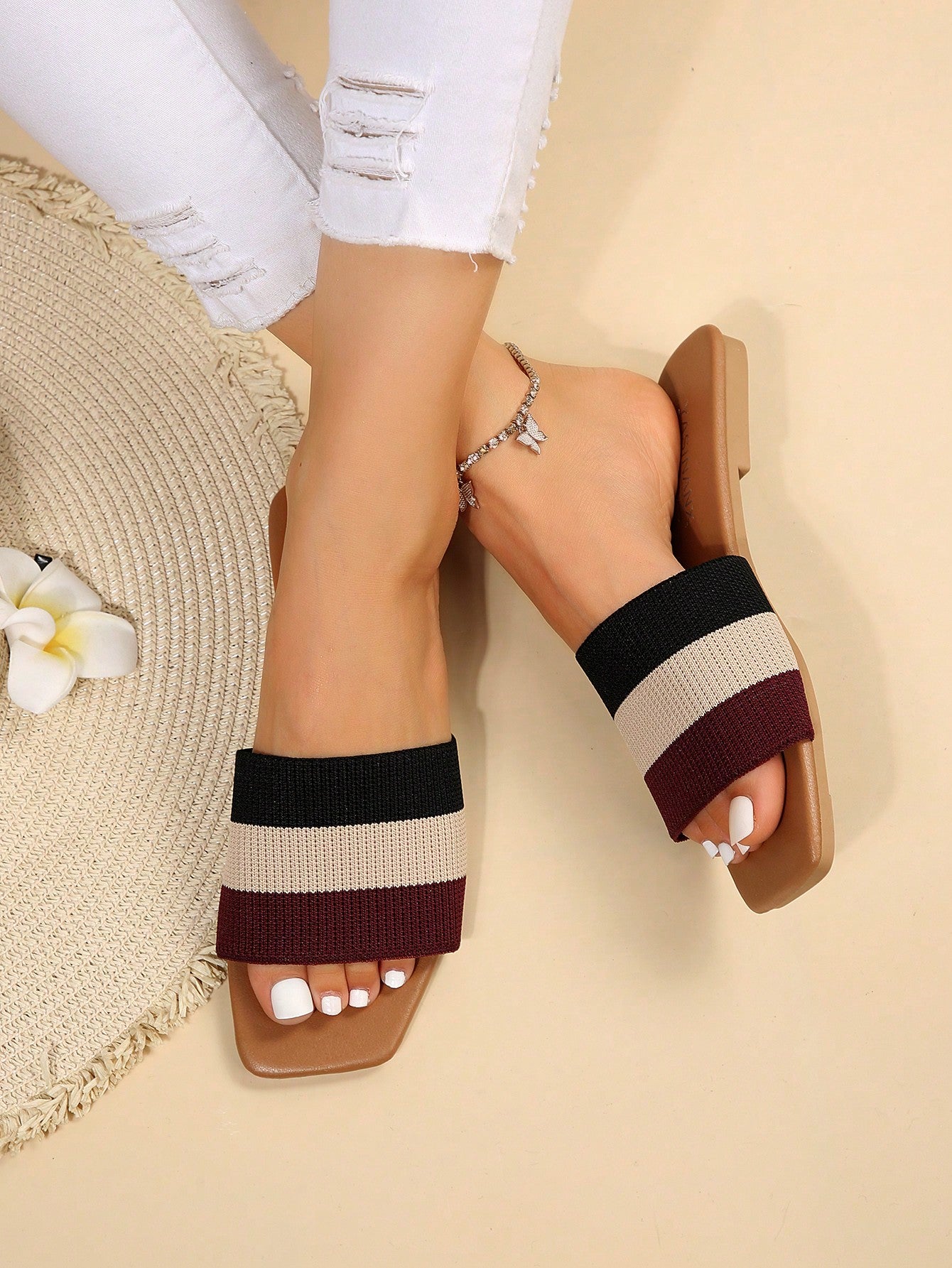 Elegant Slide Sandals For Women, Knit Detail Single Band Flat Sandals
