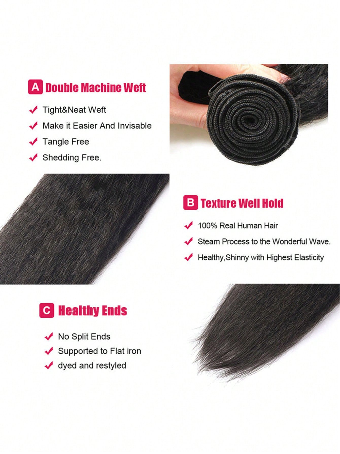 1pc Kinky Straight Human Hair Bundles 1 Bundle Hair Extension Real Hair Weave Double Weft Bundles Extension Daily Use  Natural Black Color