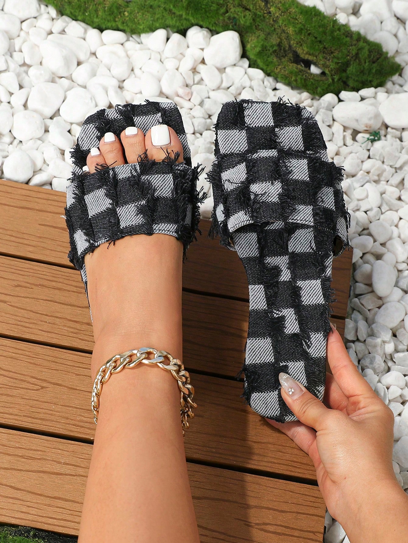 Women's Denim Flat Square Toe Slide Sandals