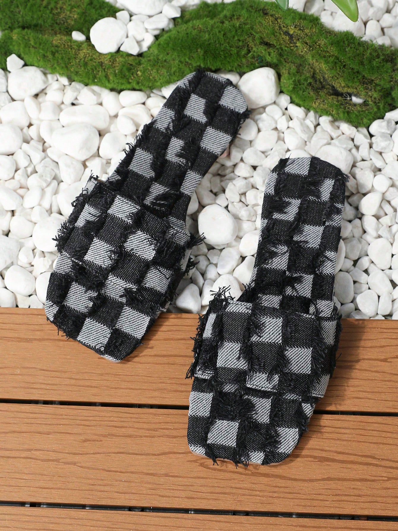 Women's Denim Flat Square Toe Slide Sandals