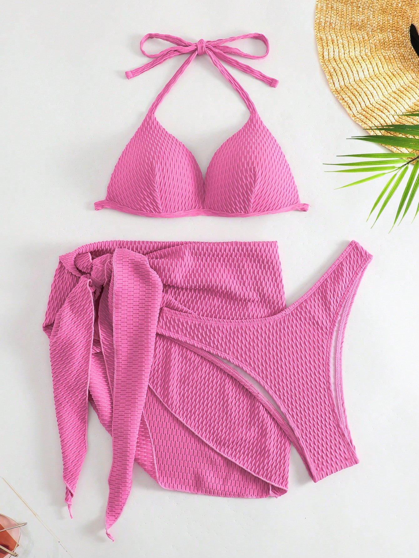 Swim Basics Textured Bikini Set Push Up Bra & Bikini Bottom & Cover Up 3 Piece Swimsuit