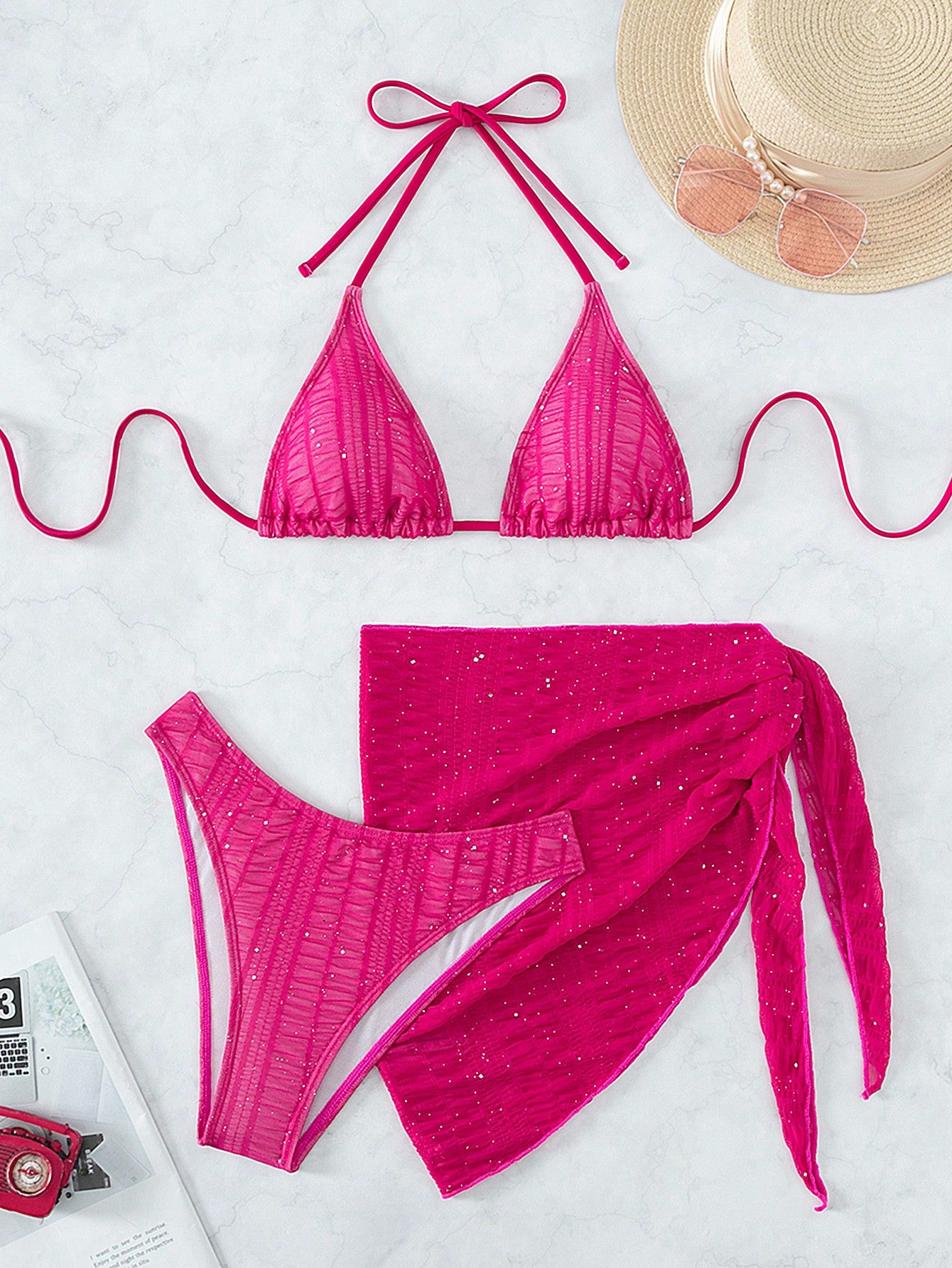 SHEIN Swim BAE Plain Halter Triangle Bikini Swimsuit With Beach Skirt