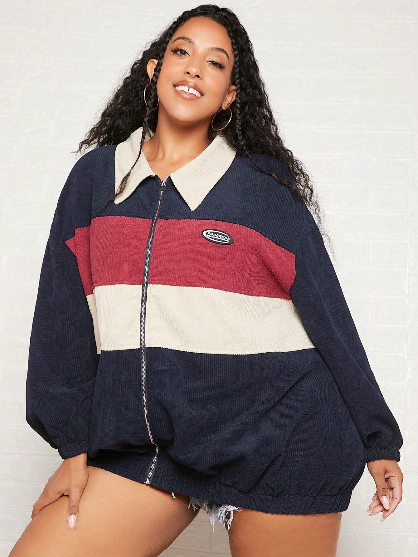 CURVE+ Plus Colorblock Letter Patched Detail Drop Shoulder Corduroy Jacket
