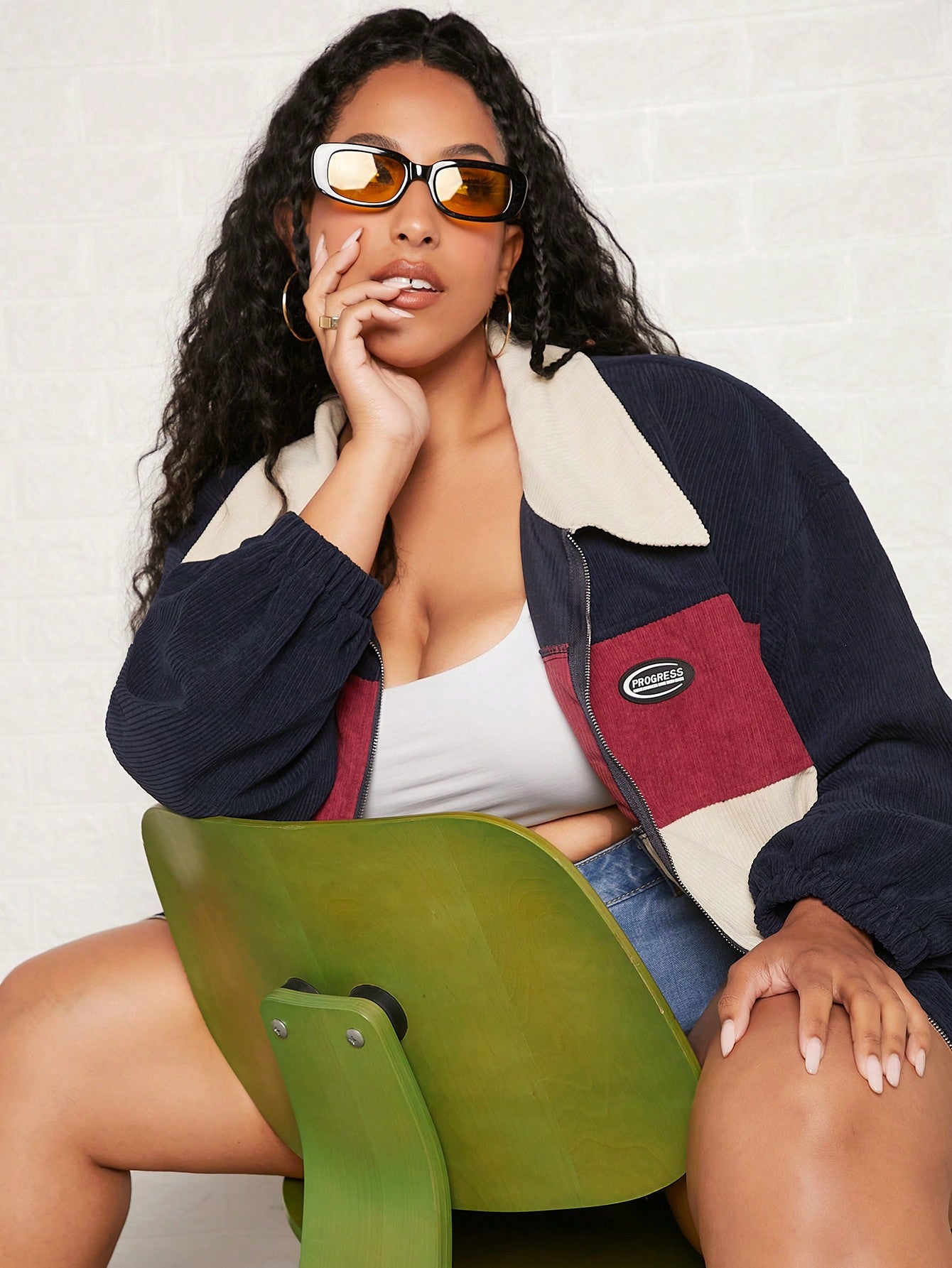 CURVE+ Plus Colorblock Letter Patched Detail Drop Shoulder Corduroy Jacket