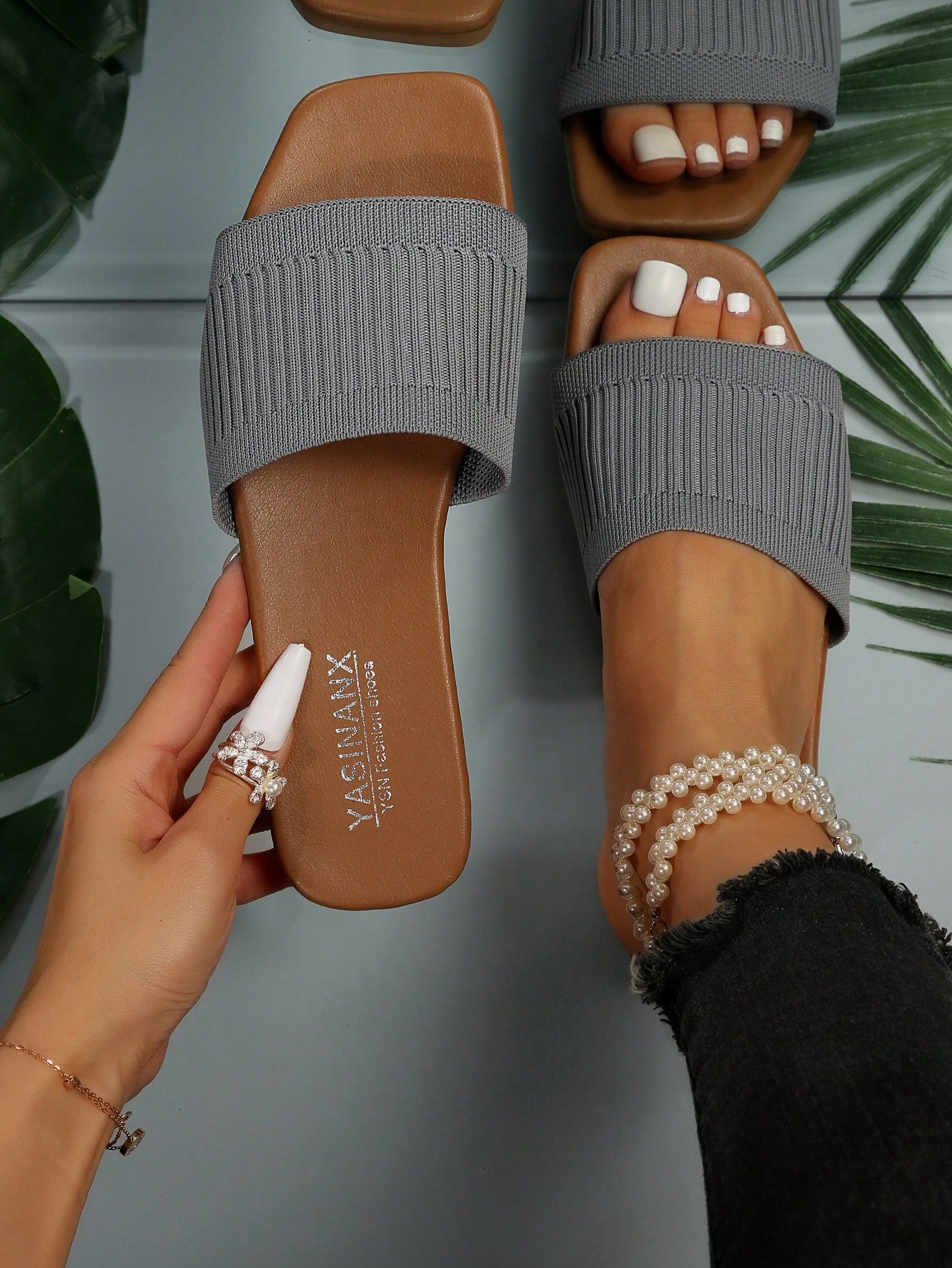 Elegant Slide Sandals For Women, Knit Detail Single Band Flat Sandals