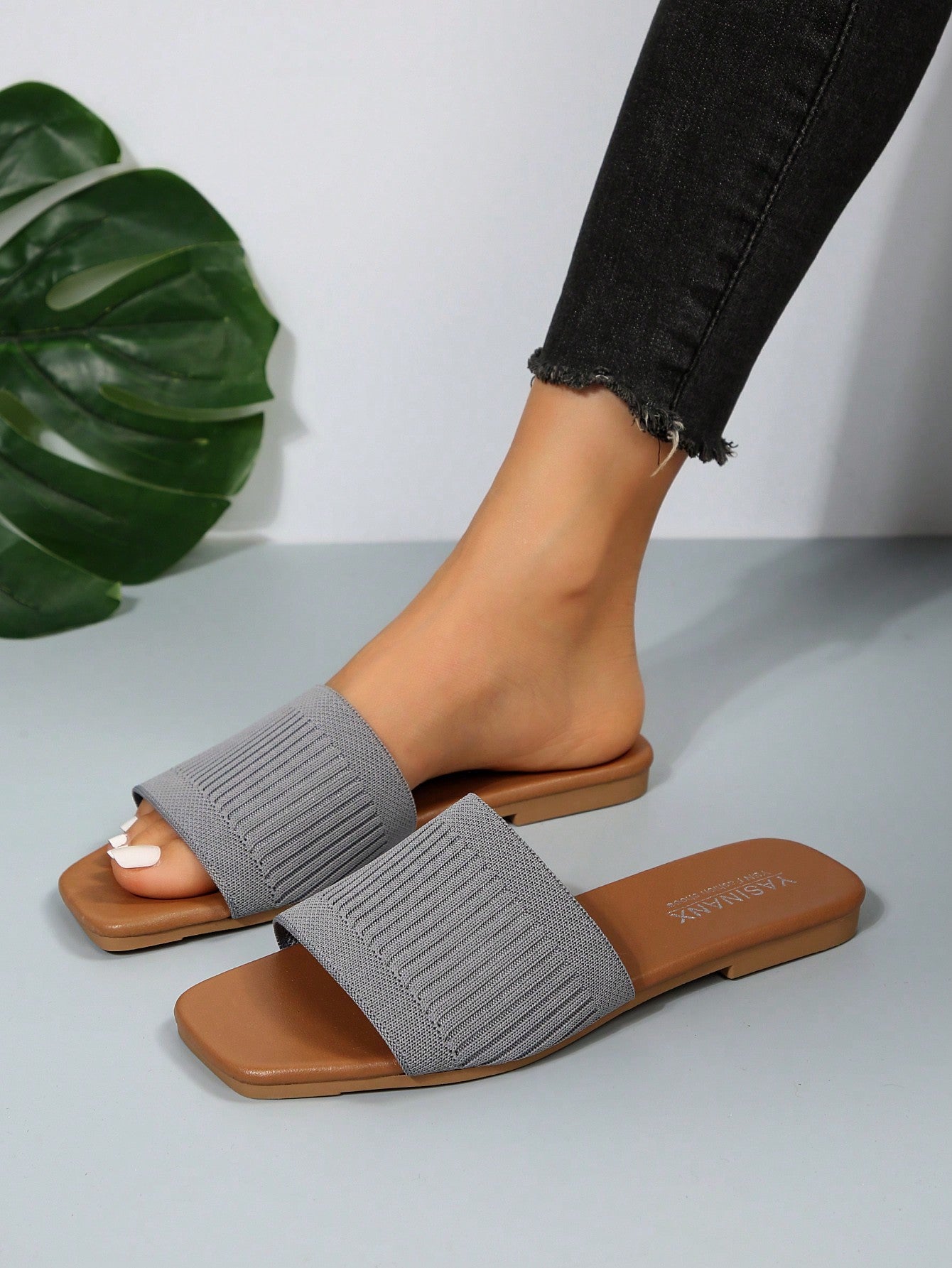 Elegant Slide Sandals For Women, Knit Detail Single Band Flat Sandals