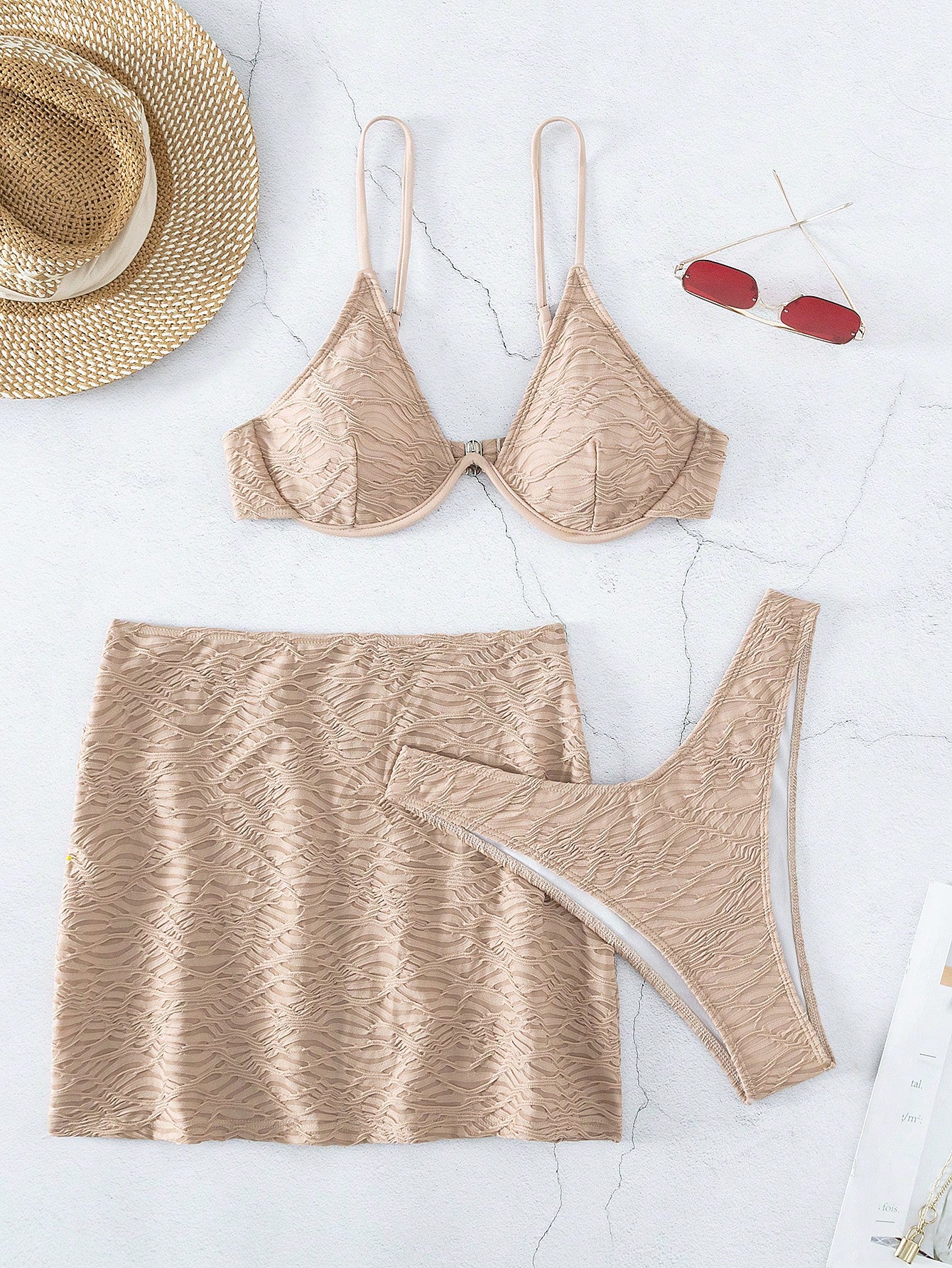 Plain Underwire Bikini Swimsuit With Beach Skirt